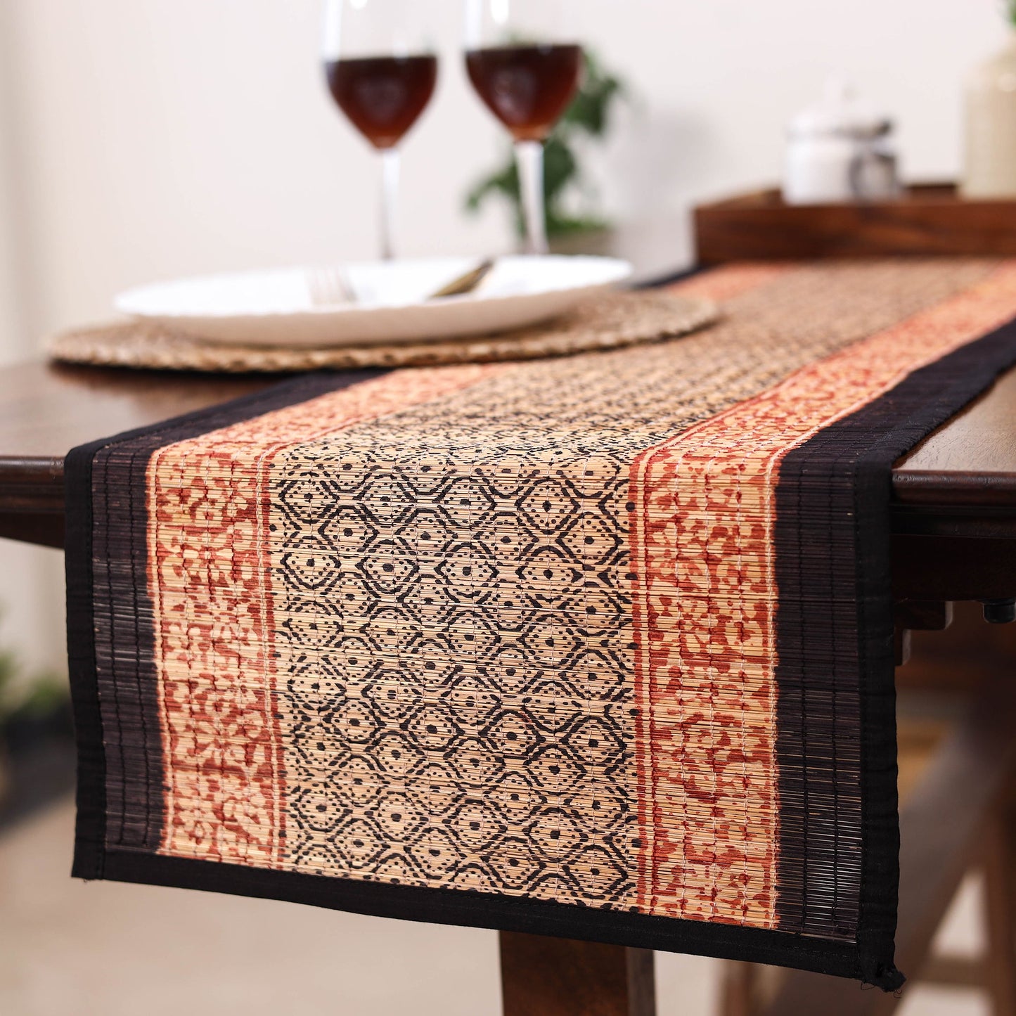 Black Natural Bamboo Bagh Block Printed Dining Table Runner