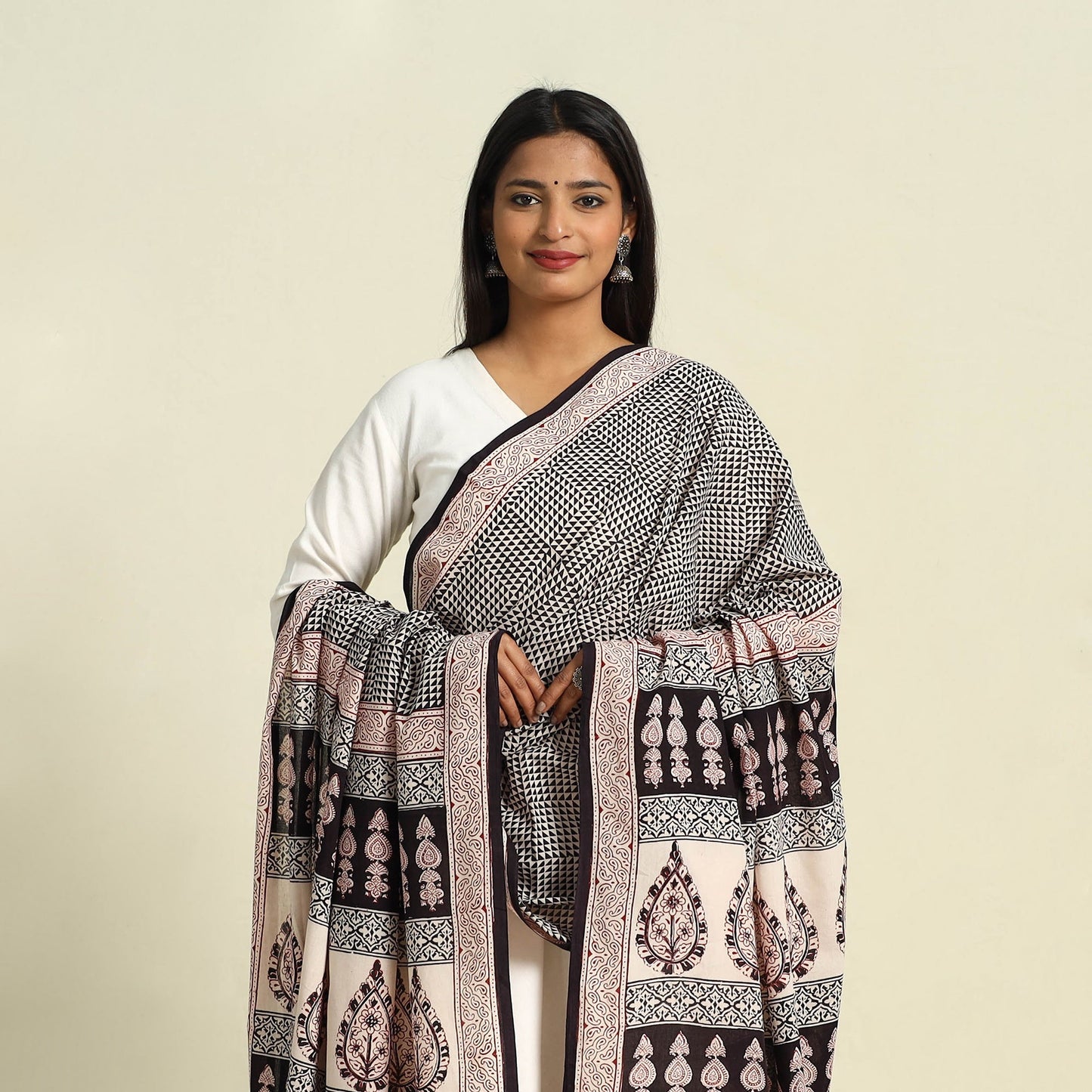 Black Natural Dye Mul Cotton Bagh Print Dupatta