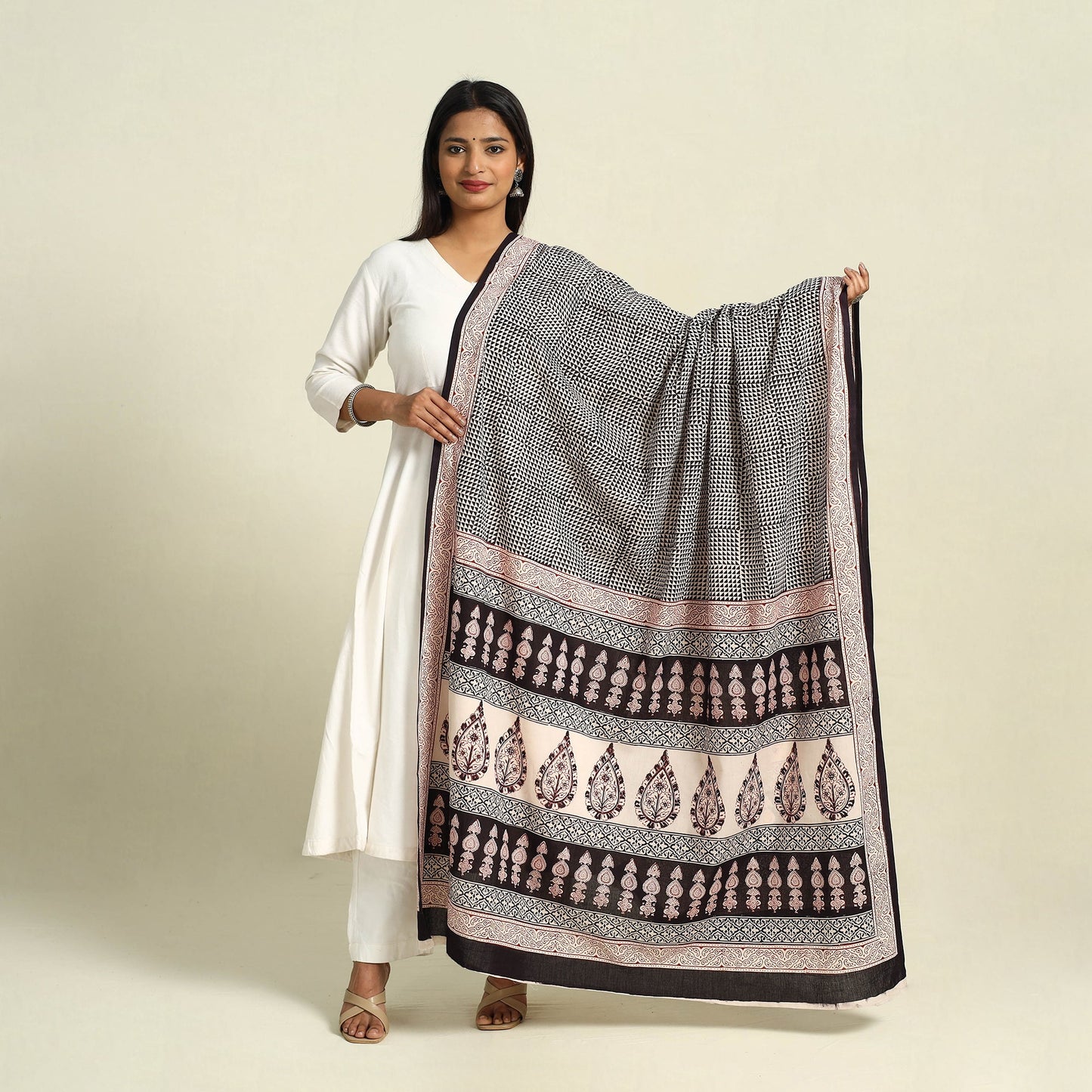 Black Natural Dye Mul Cotton Bagh Print Dupatta