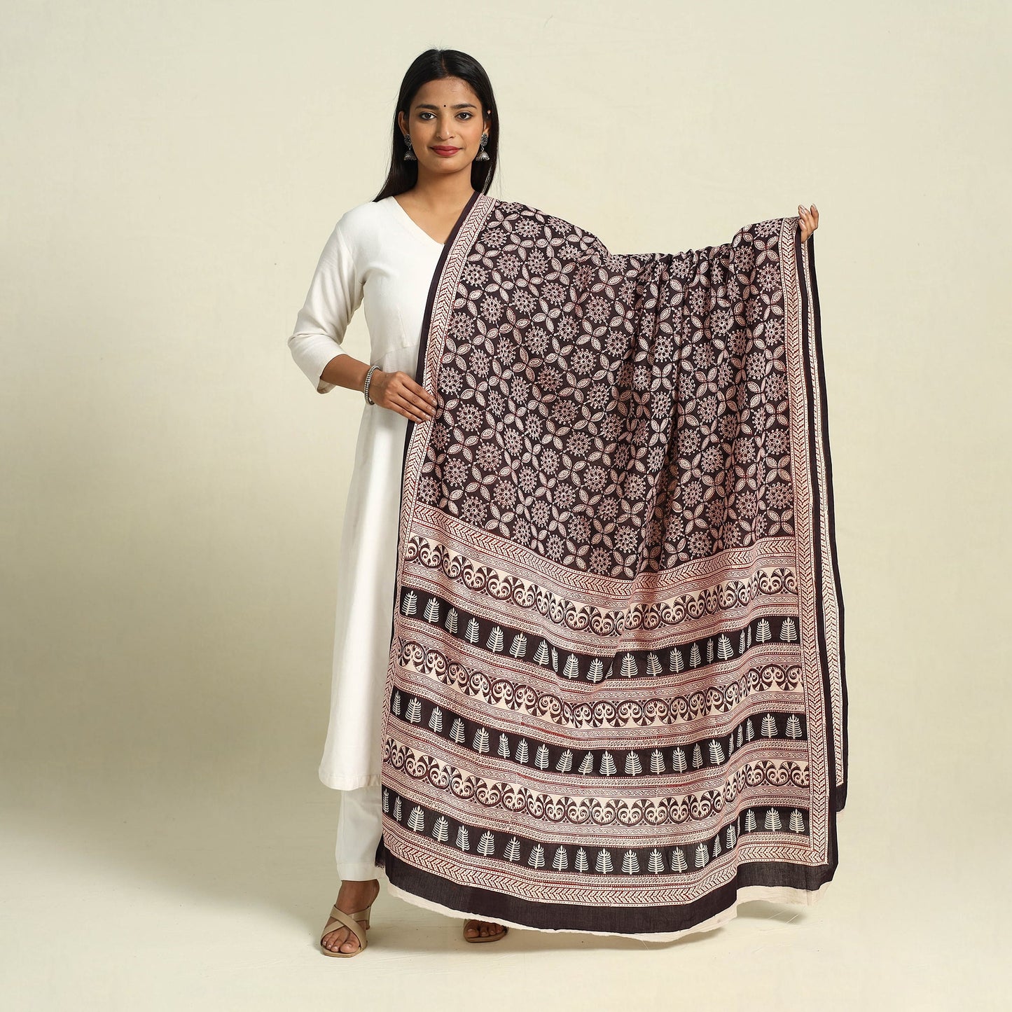 Black Natural Dye Mul Cotton Bagh Print Dupatta