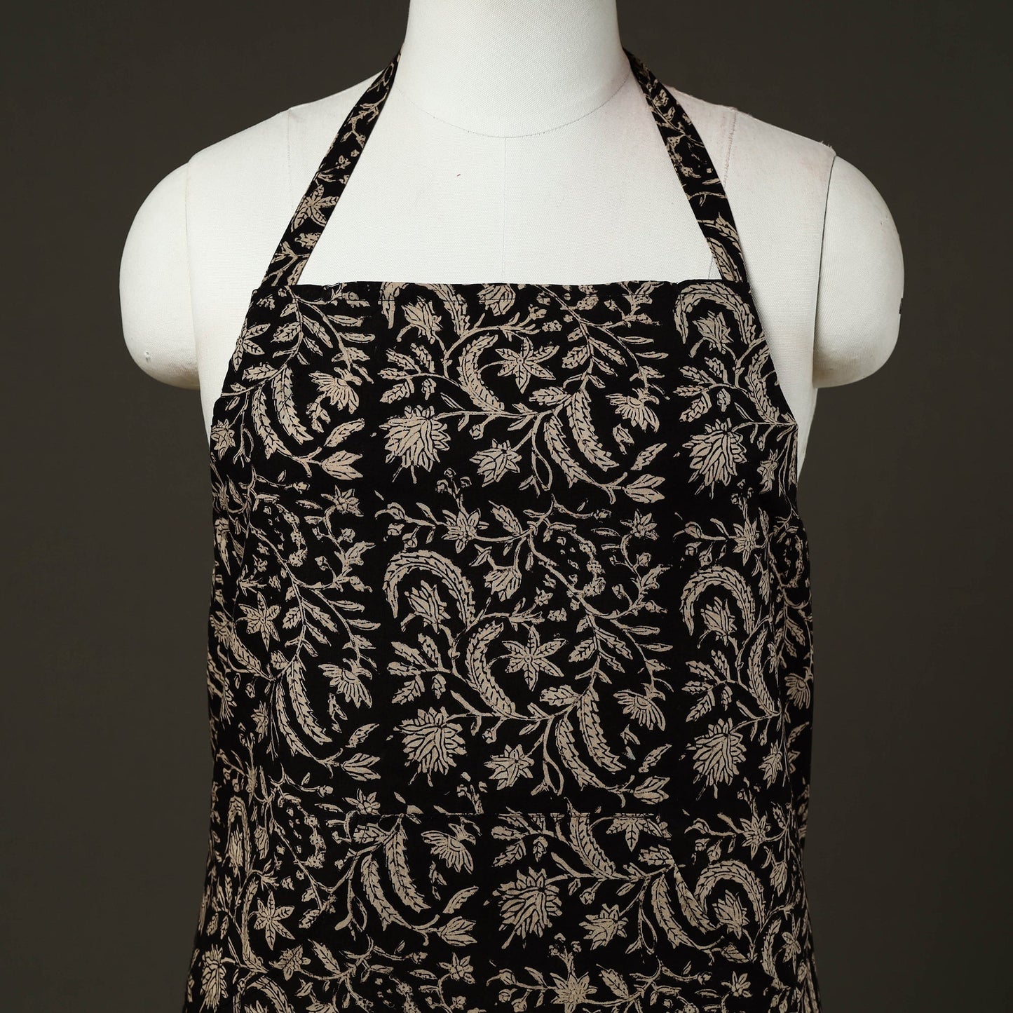 Black Bagru Block Print Cotton Apron with Pocket