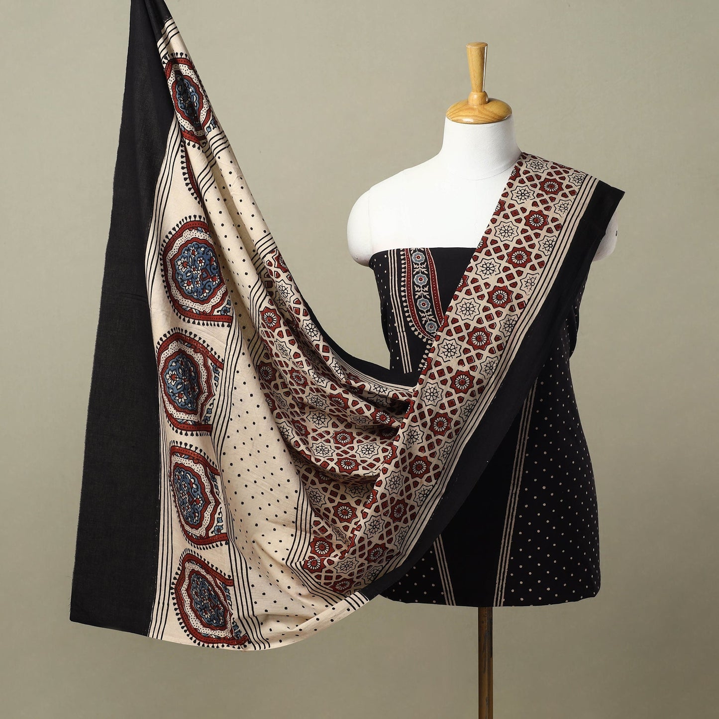Black Natural Dyed Block Print 3pc Ajrakh Dress Material