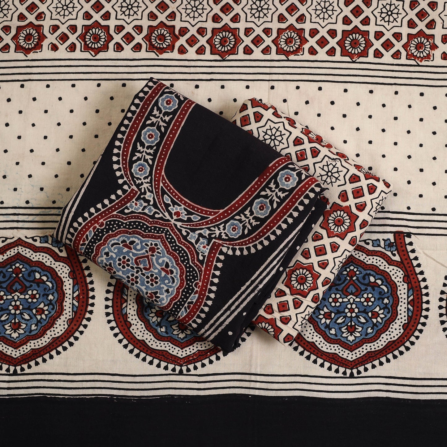 Black Natural Dyed Block Print 3pc Ajrakh Dress Material