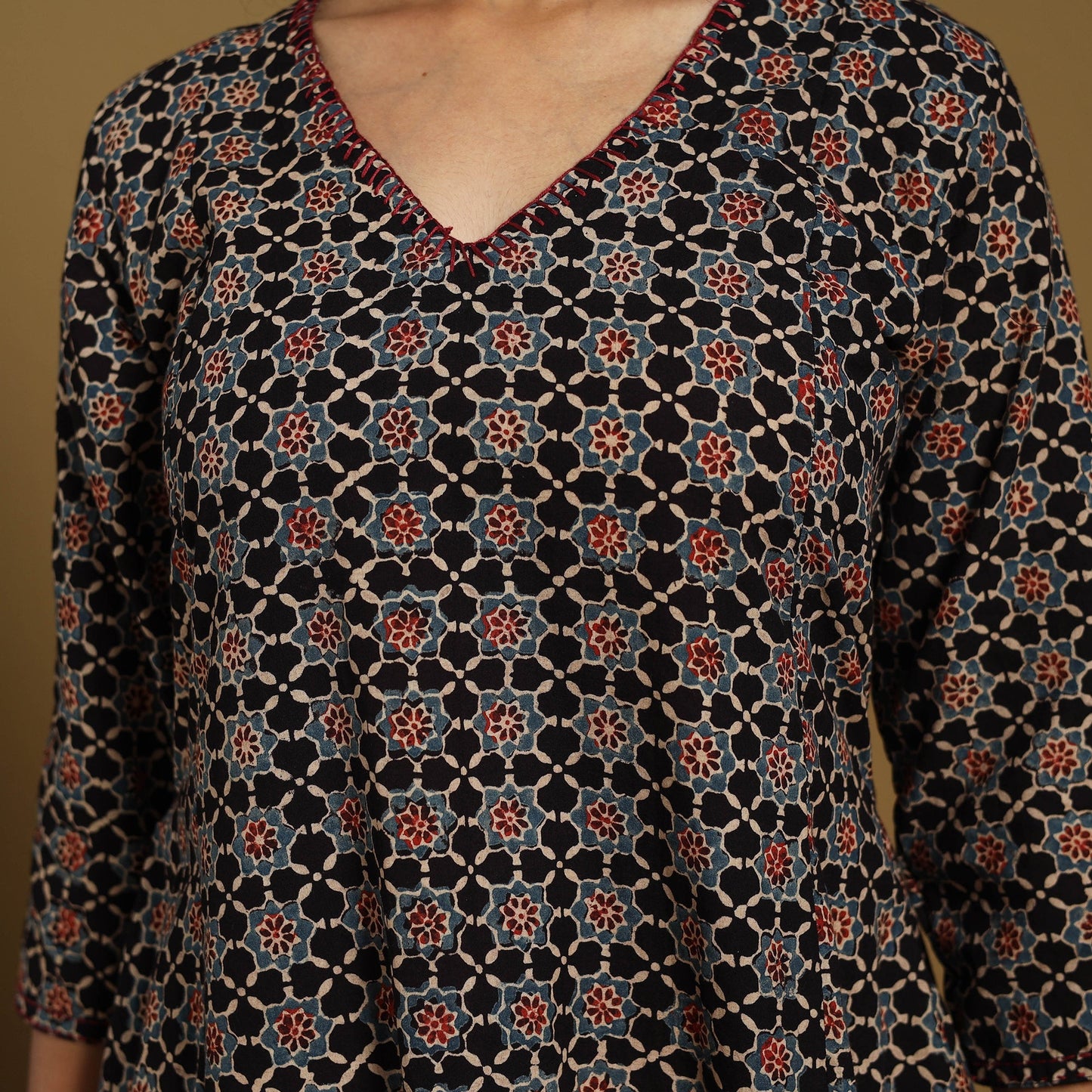 Black Natural Dyed Block Print Cotton Ajrakh Kurta Set (Set of 3)
