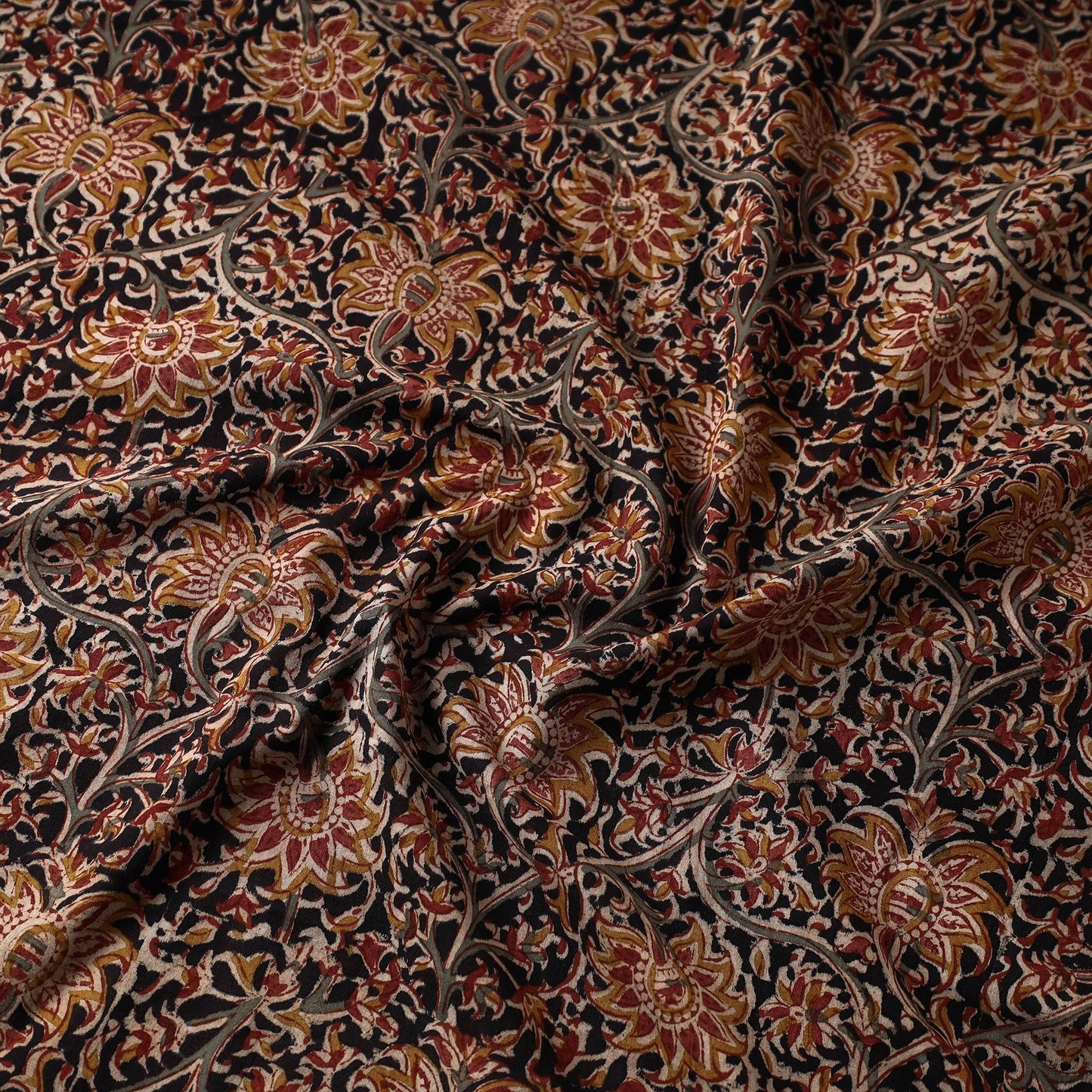 Black Natural Dyed Block Print Cotton Kalamkari Fabric