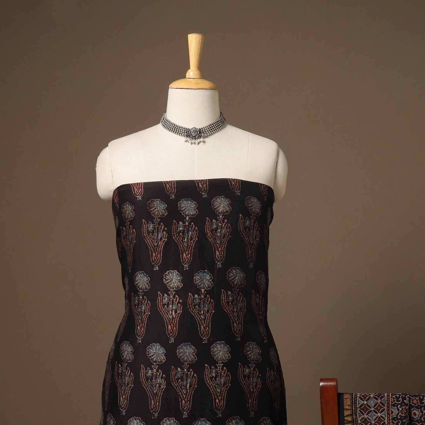 Black Natural Dyed Chanderi Silk 2pc Unstitched Ajrakh Dress Material