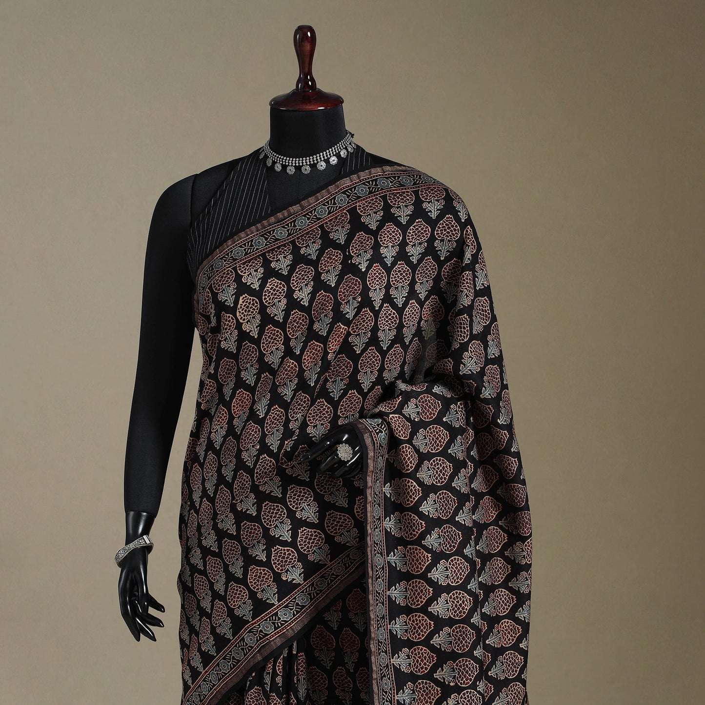 Black Natural Dyed Block Print Chanderi Silk Ajrakh Saree