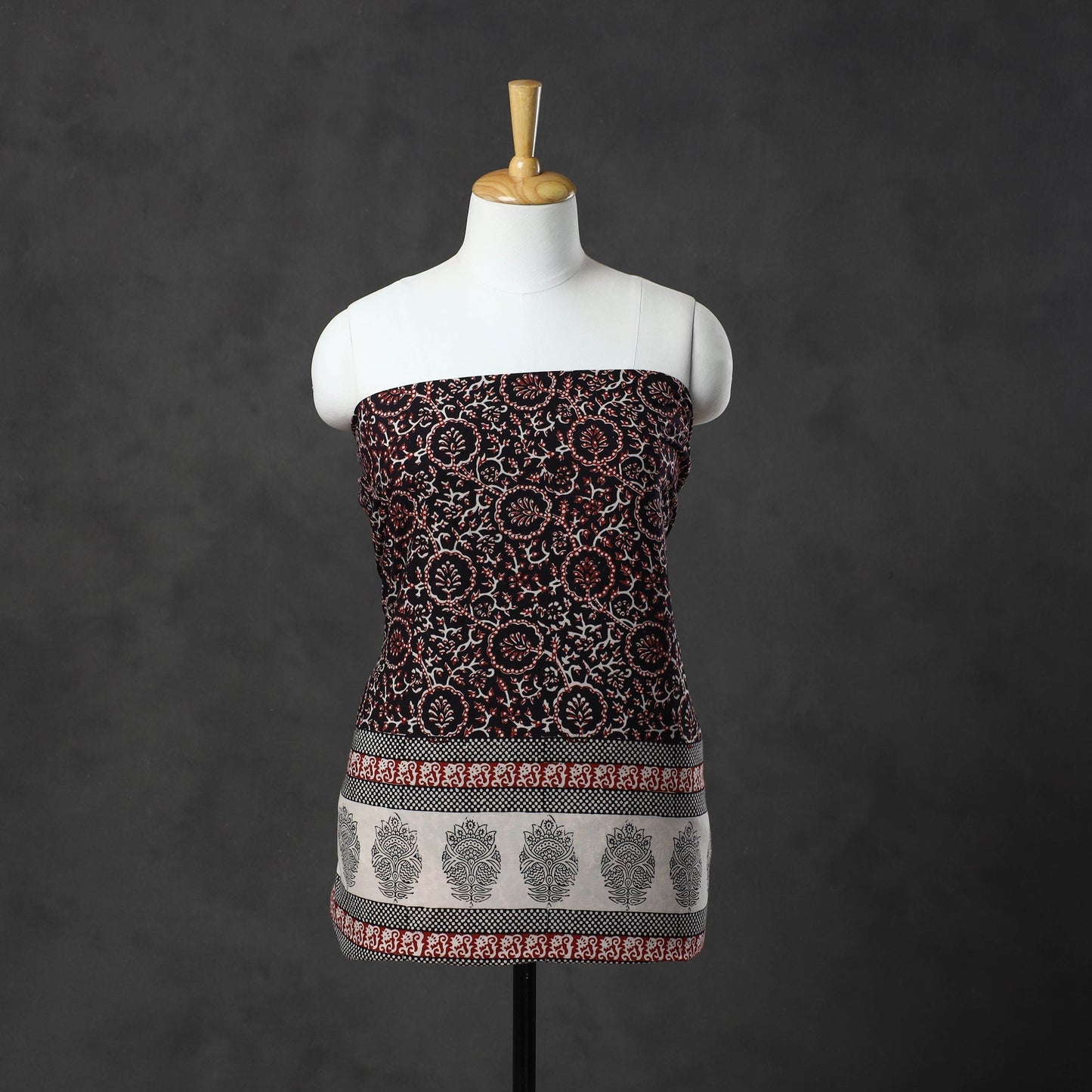 Black Natural Dyed Cotton Bagh Print Kurta Material