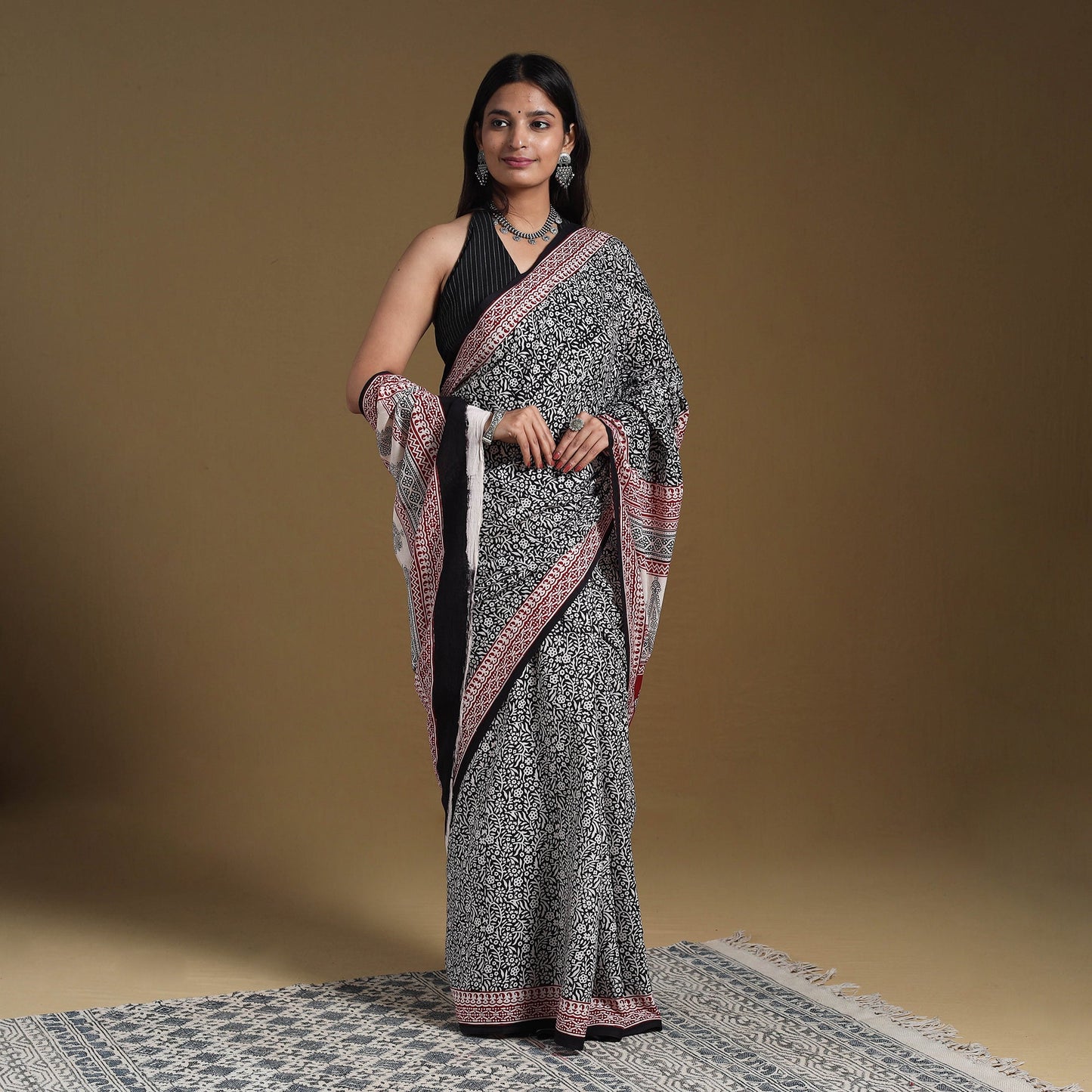 Black Block Print Natural Dyed Cotton Bagh Saree