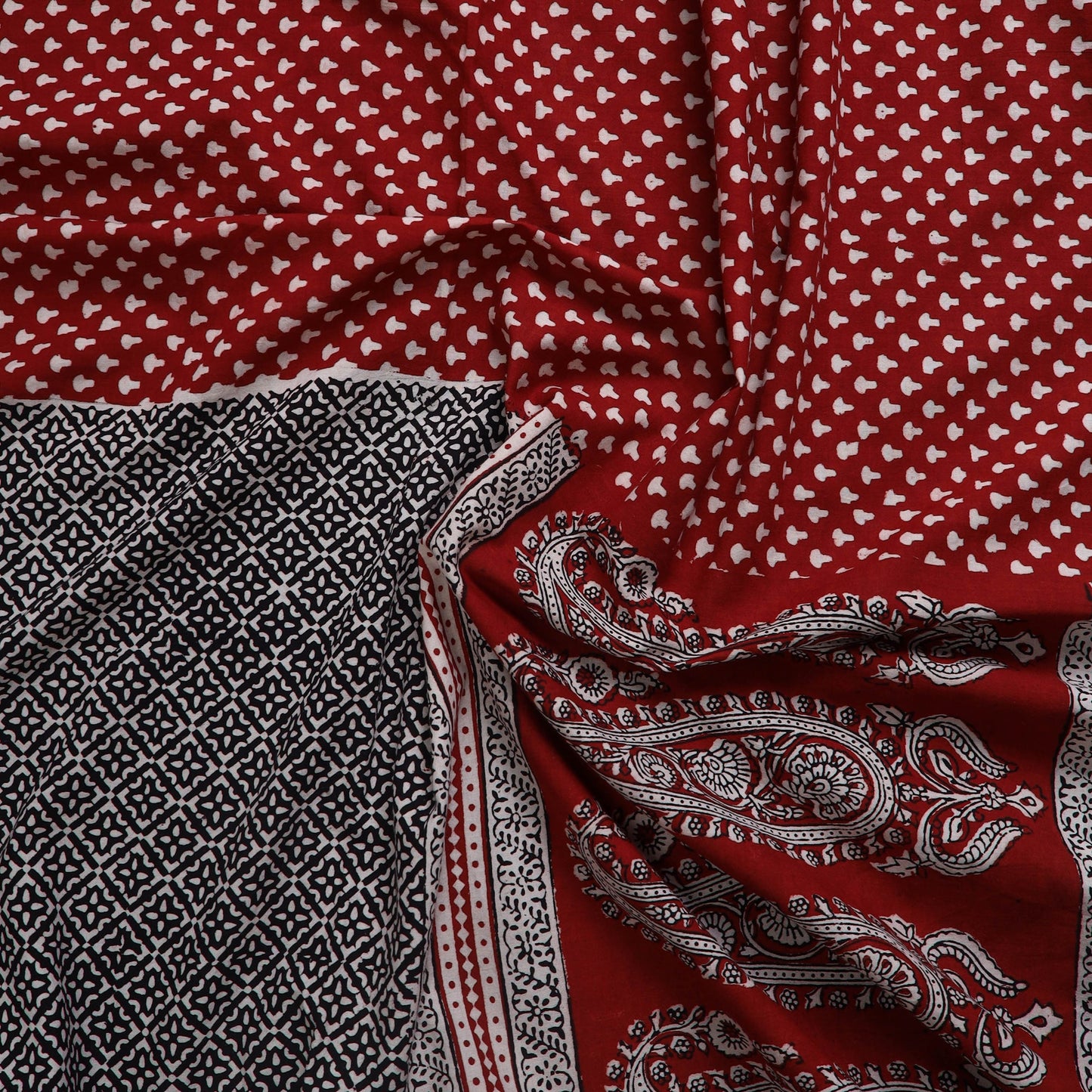 Black Natural Dyed Cotton Bagh Print Kurta Material