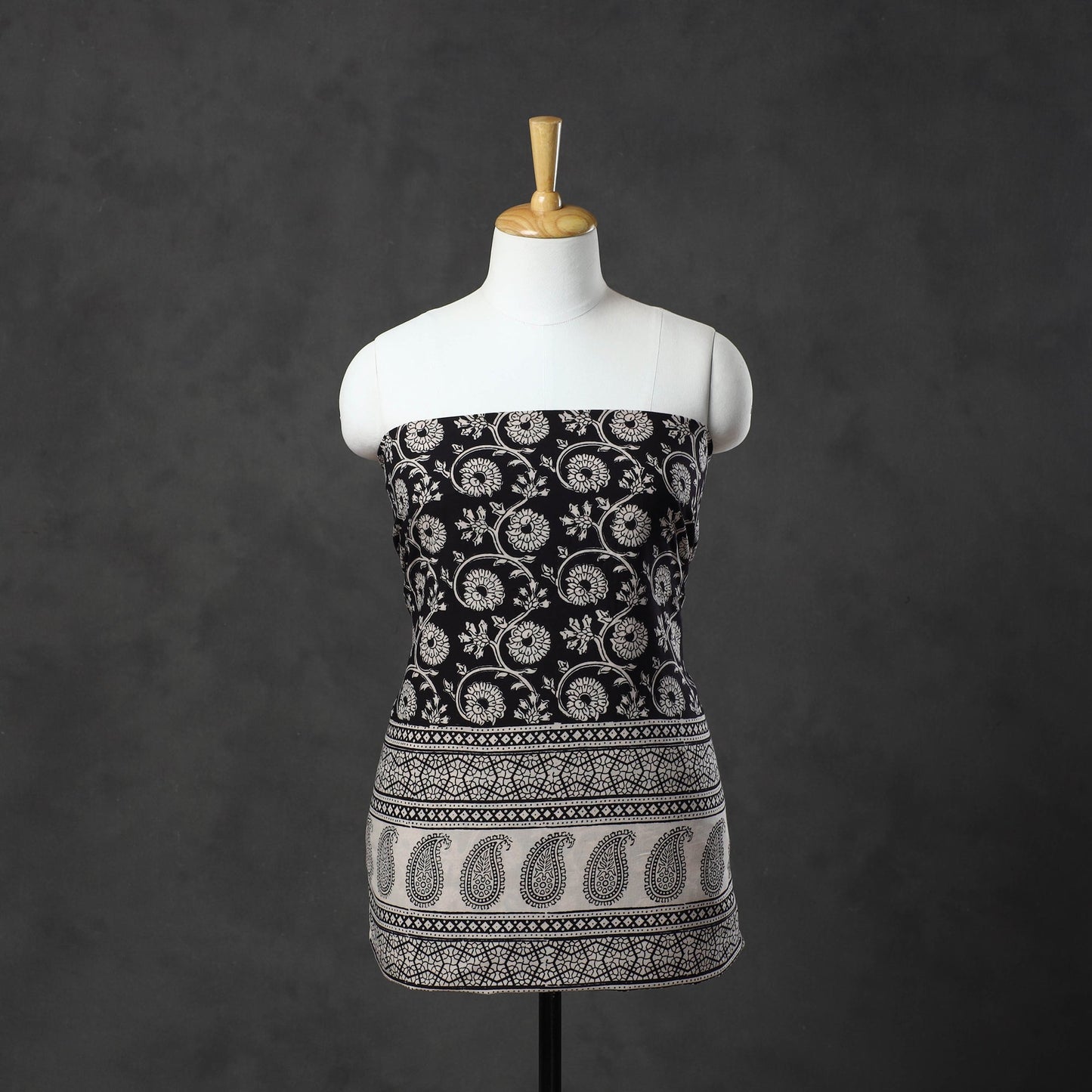 Black Natural Dyed Cotton Bagh Print Kurta Material