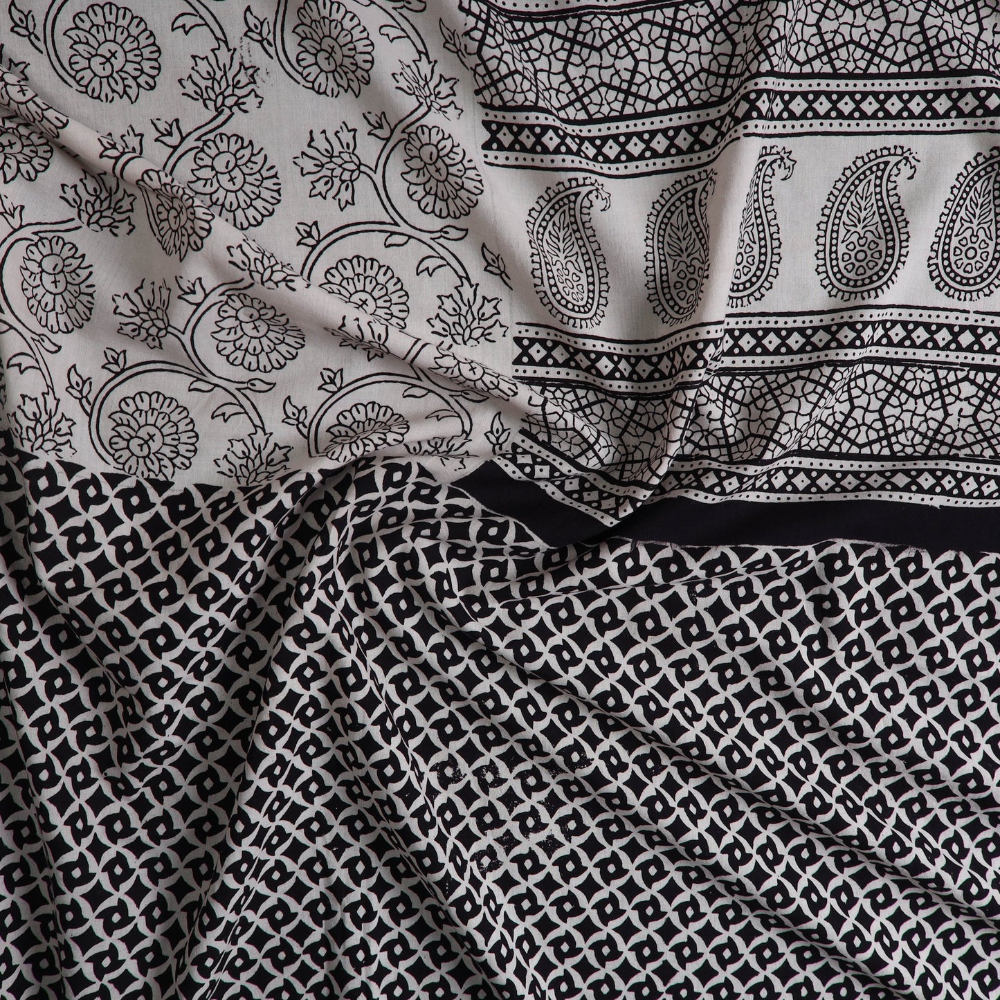 Black Natural Dyed Cotton Bagh Print Kurta Material