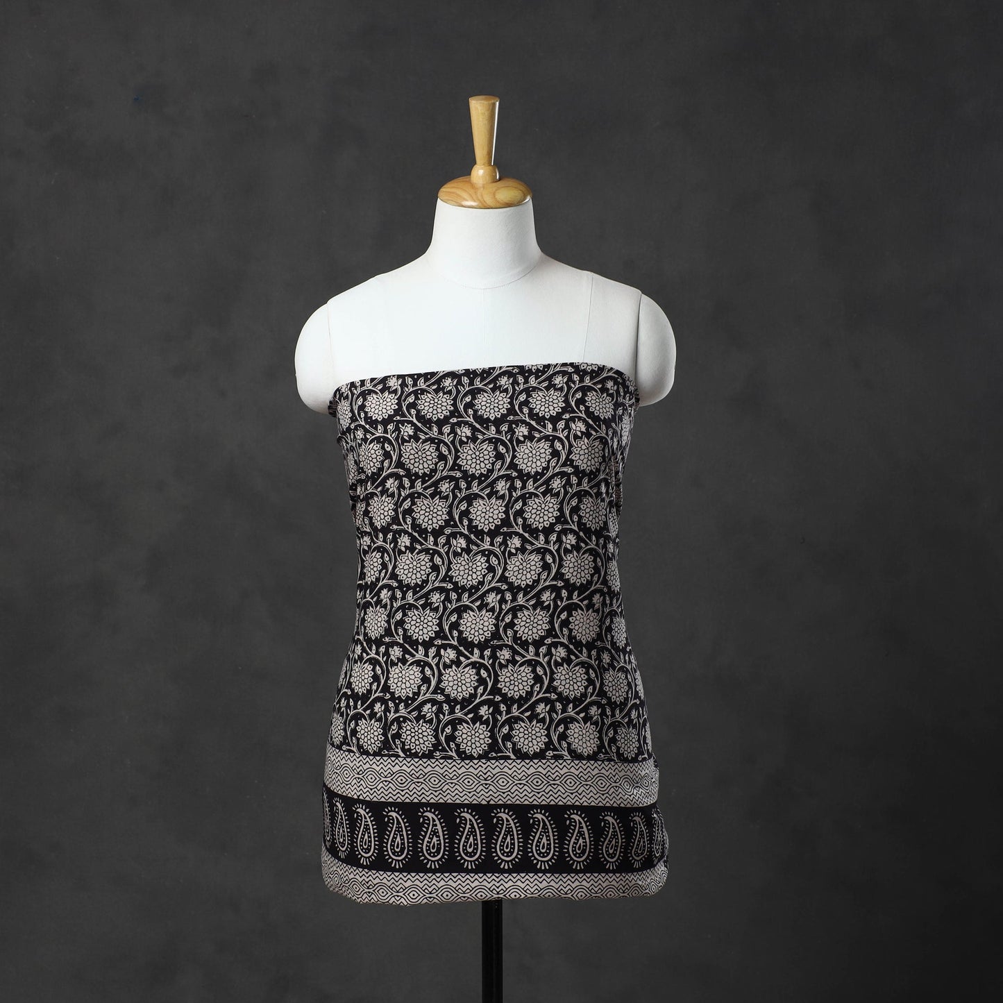 Black Natural Dyed Cotton Bagh Print Kurta Material
