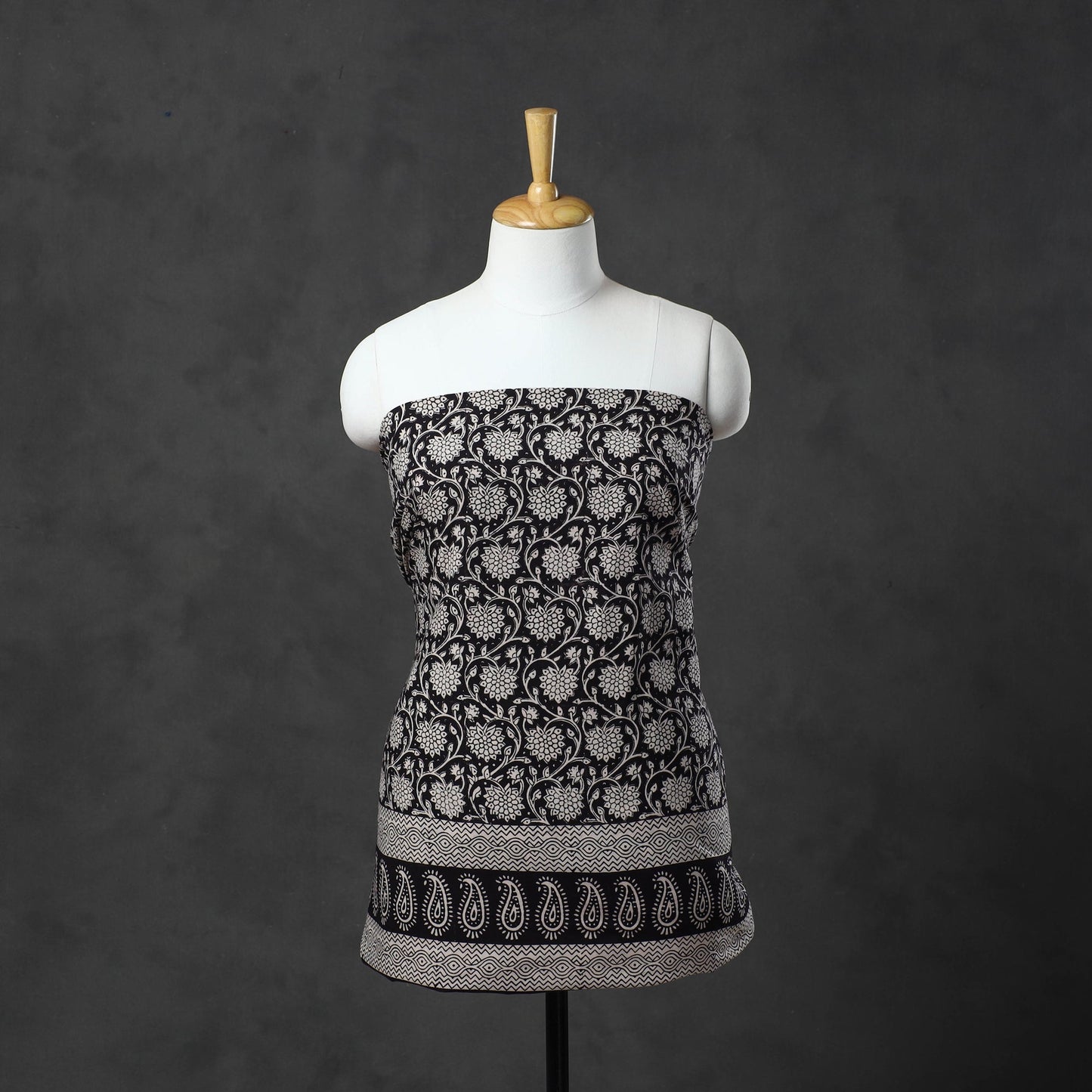 Black Natural Dyed Cotton Bagh Print Kurta Material