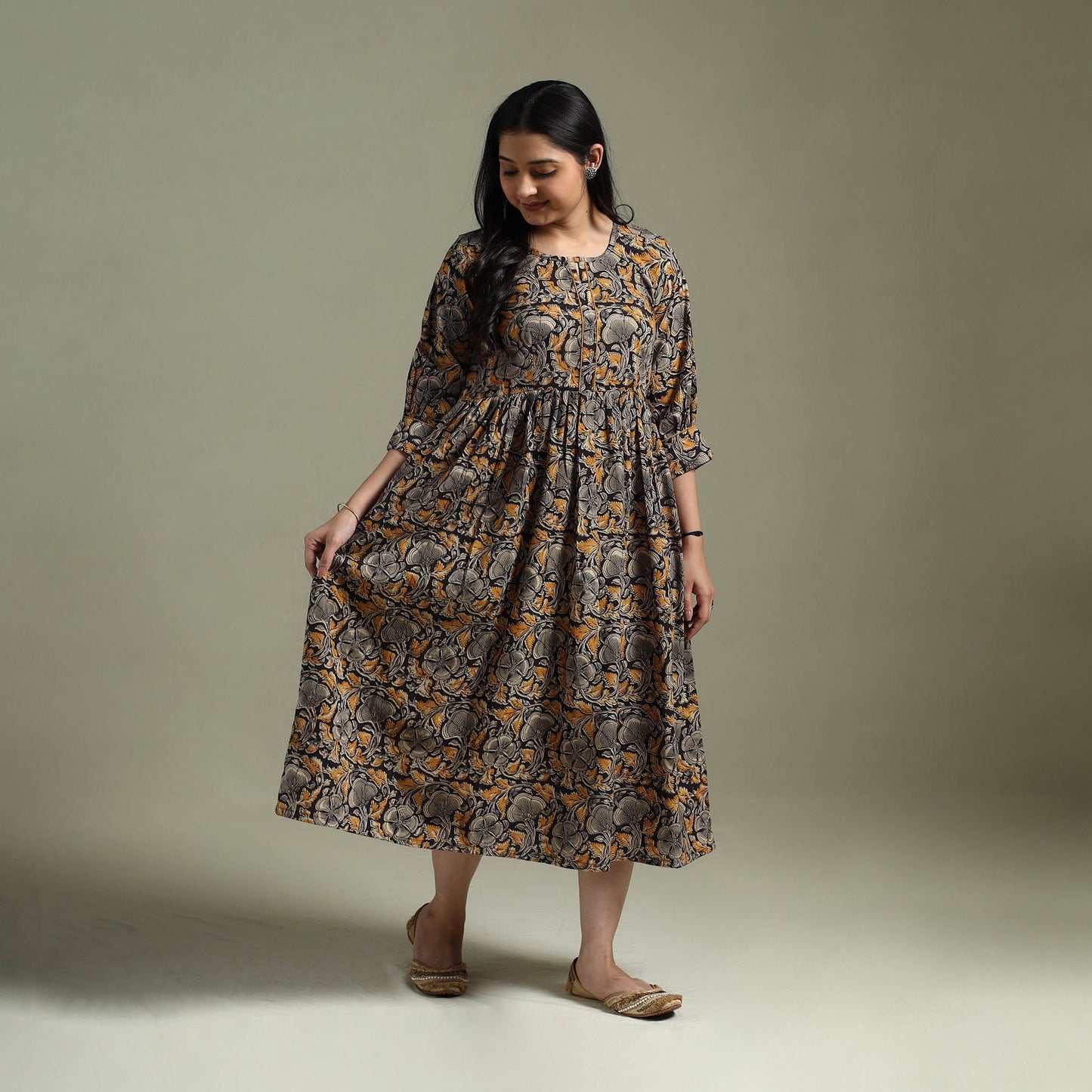 Natural dyed cotton hand block print flared kalamkari dress