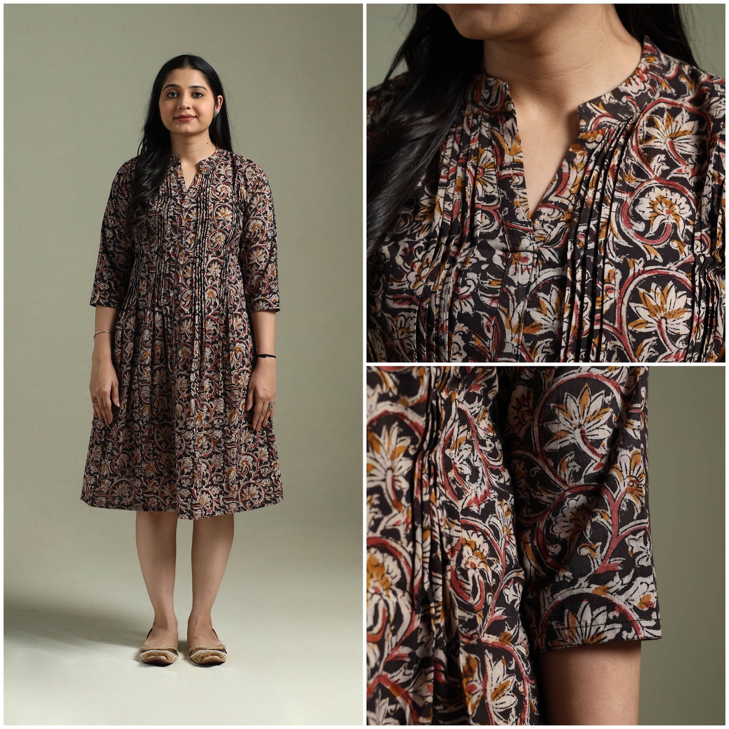 Natural dyed cotton hand block print pintuck kalamkari