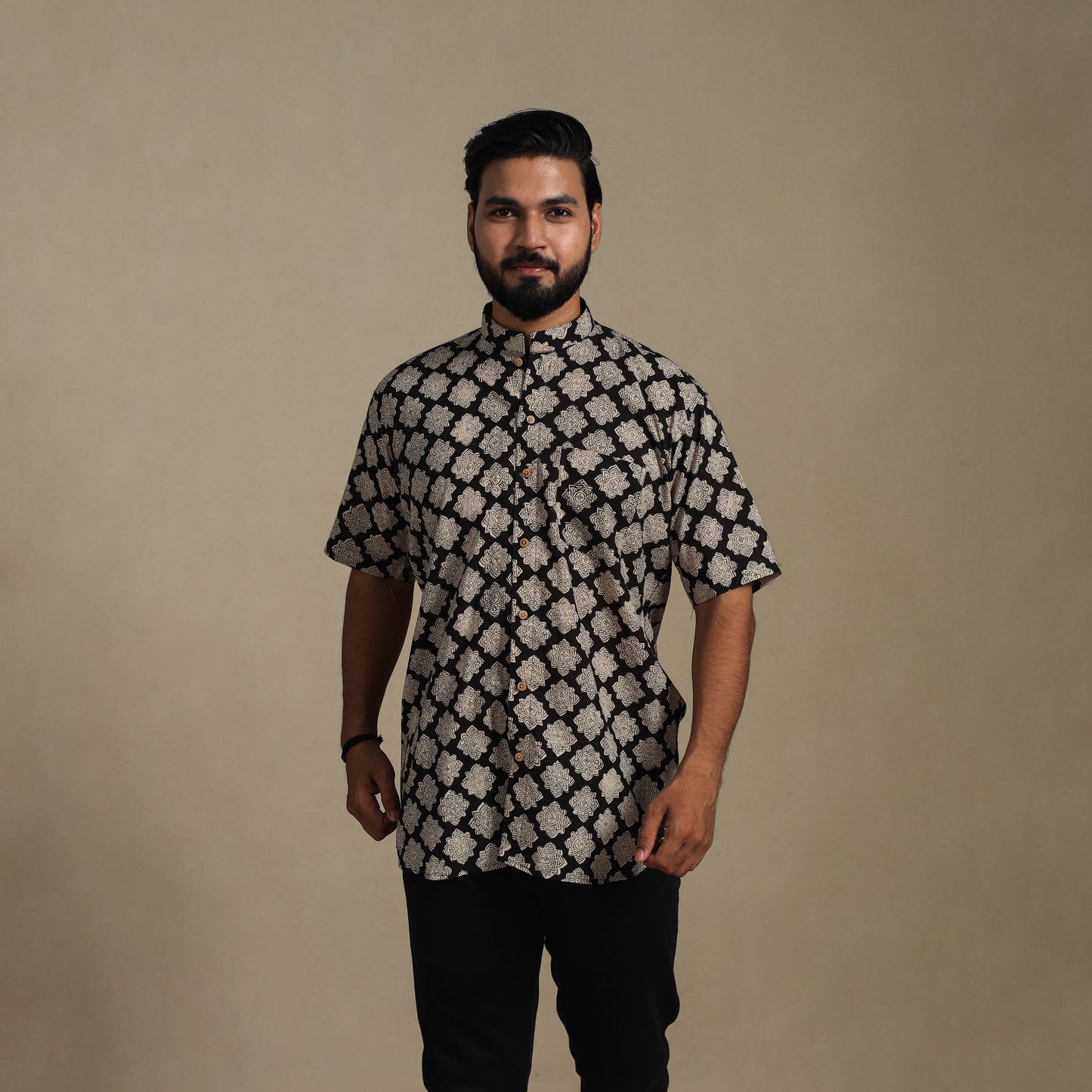 Balck Natural Dyed Block Print Cotton Men Half Sleeve Bagru Shirt