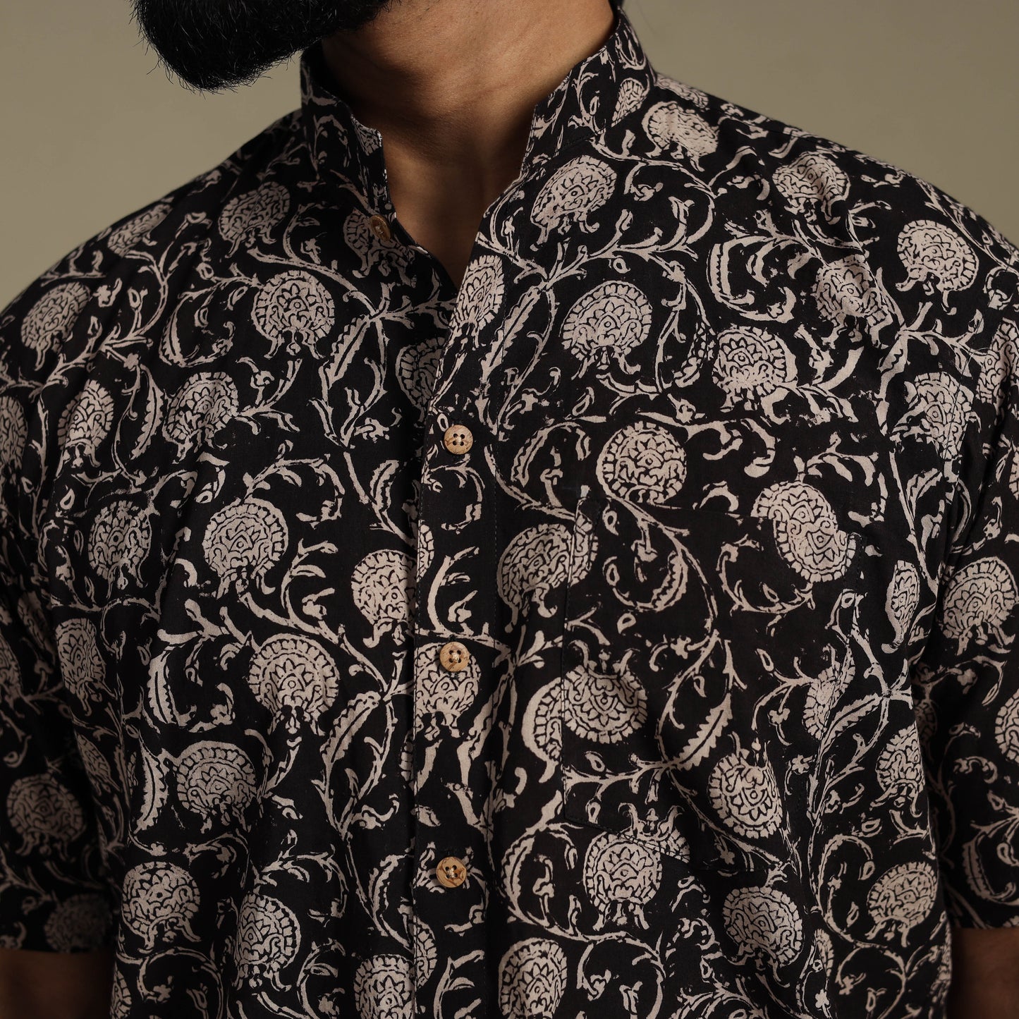 Black - natural dyed cotton men half sleeve bagru shirt 08