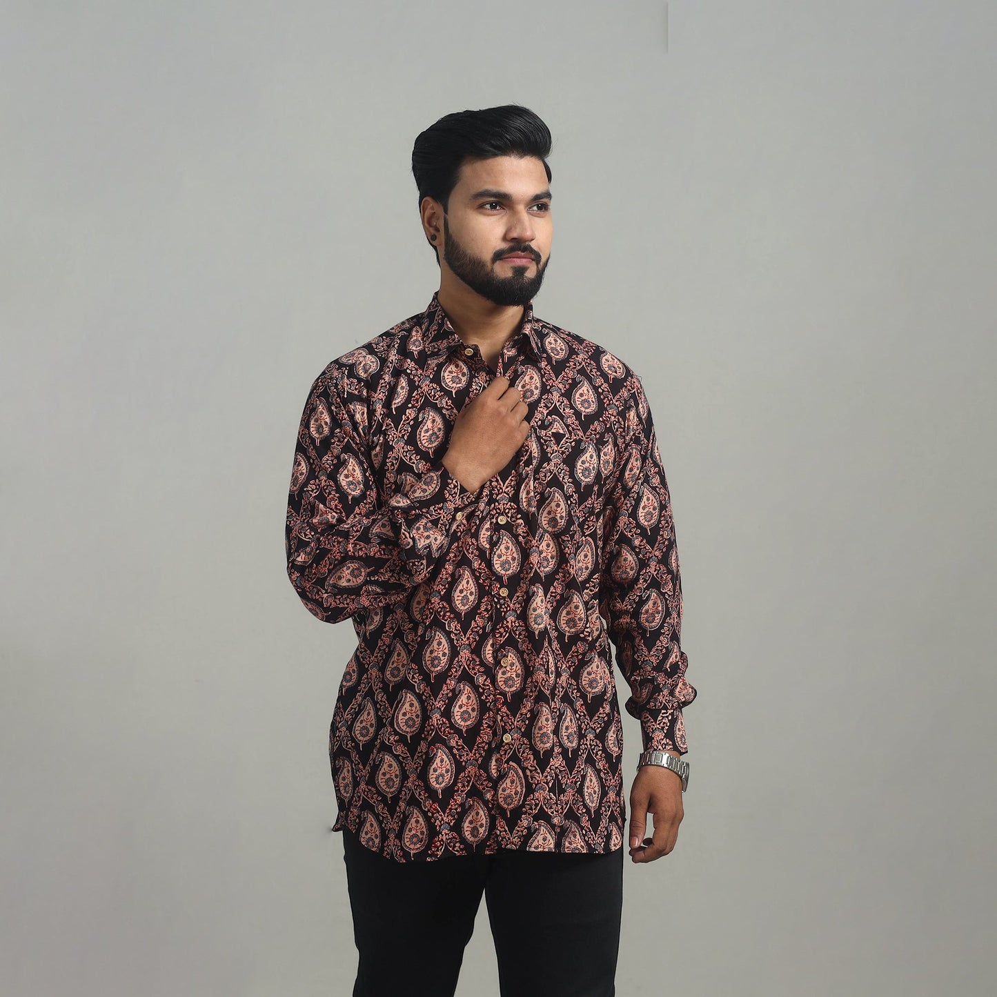 Black Natural Dyed Cotton Men Ajrakh Print Shirt