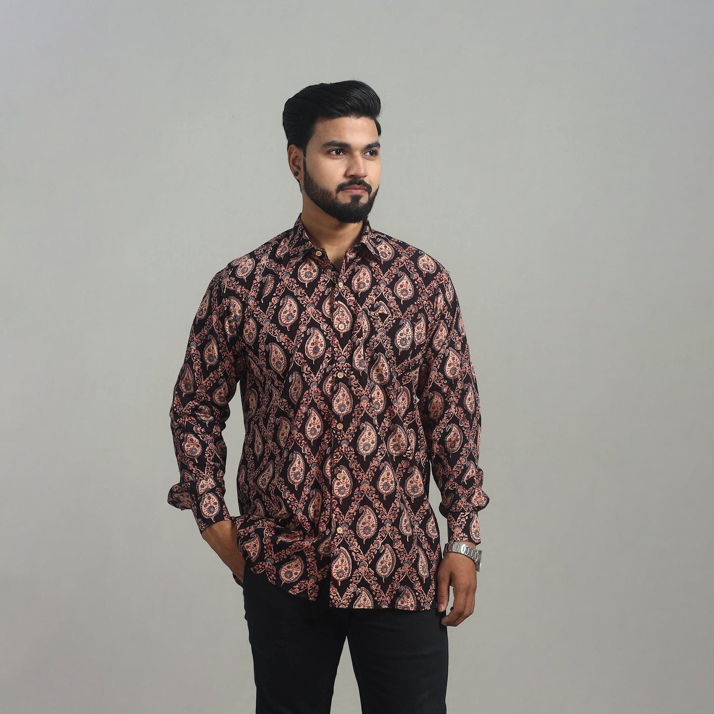 Black Natural Dyed Cotton Men Ajrakh Print Shirt