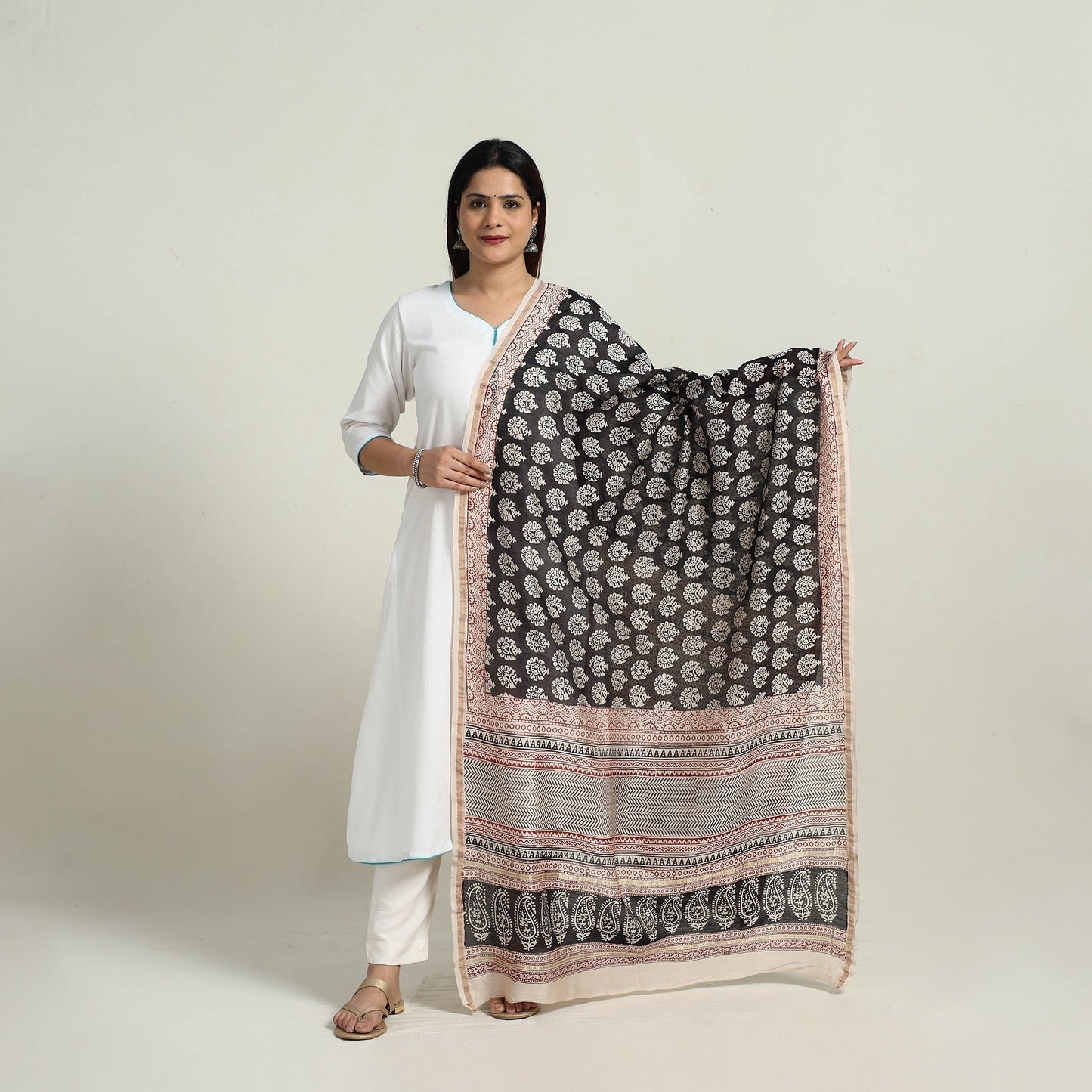 Black - Natural Dyed Hand Block Print Chanderi Silk Bagh Dupatta 14