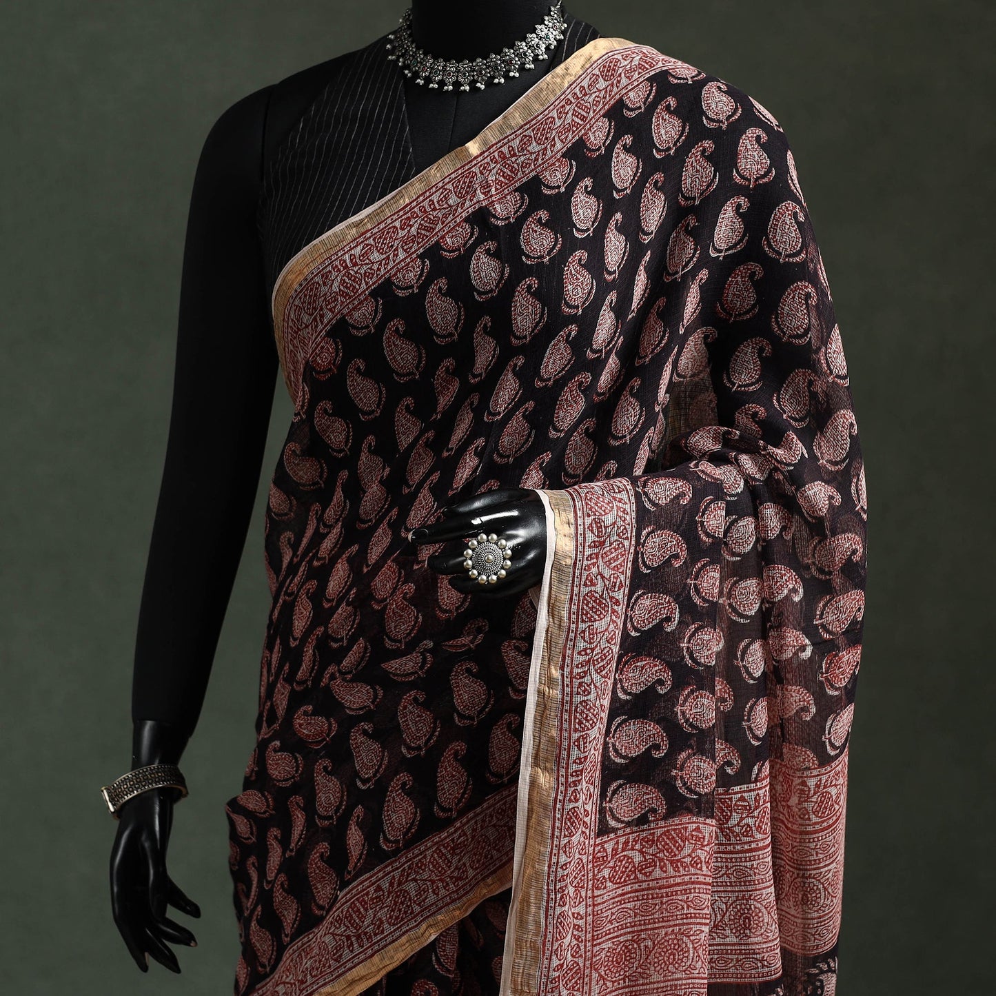 Natural dyed kota doria cotton hand block bagh print saree