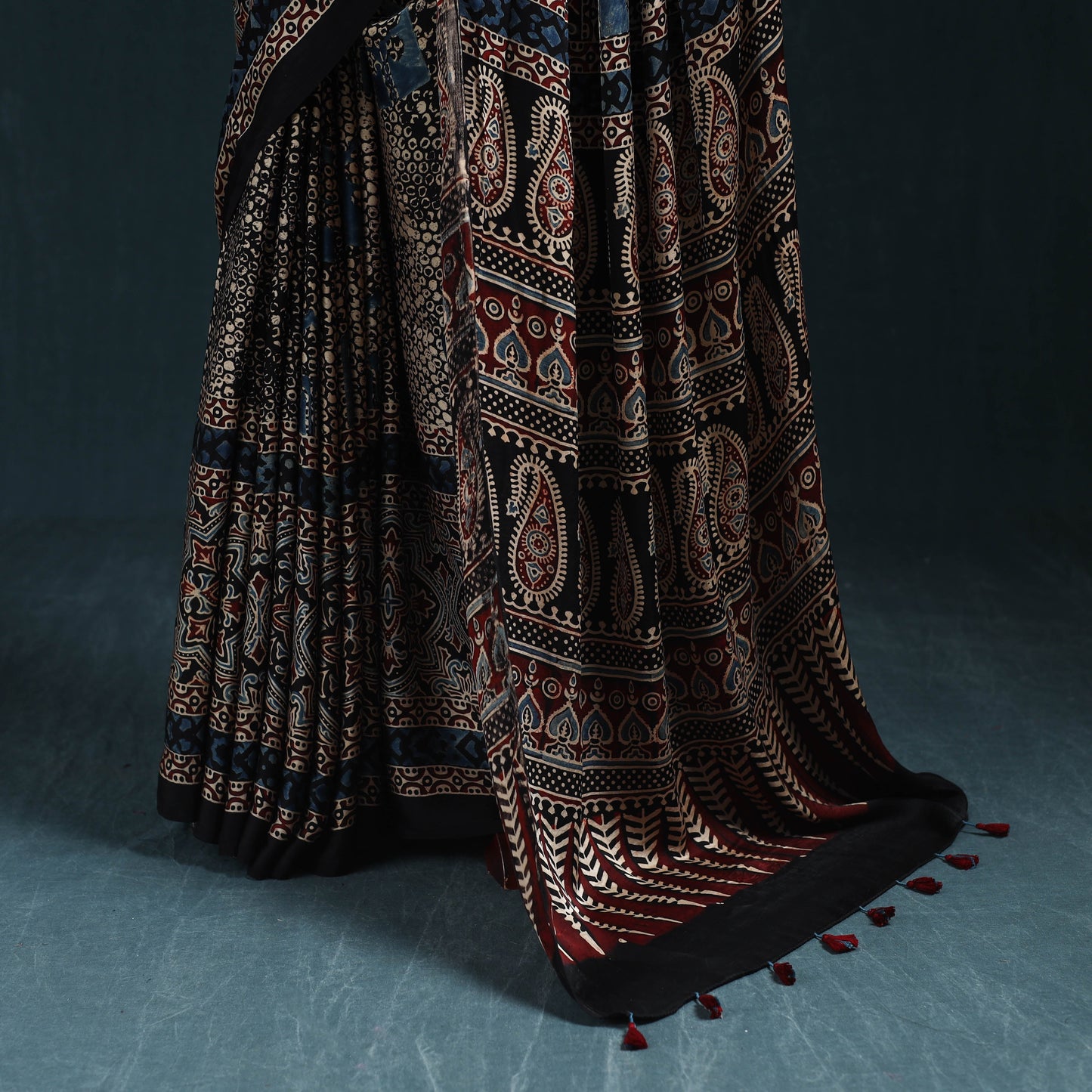 Natural dyed modal silk kutch hand block print ajrakh saree