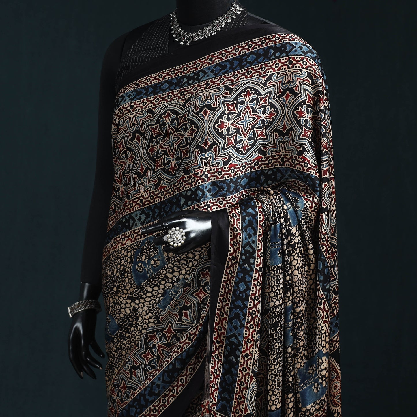 Natural dyed modal silk kutch hand block print ajrakh saree