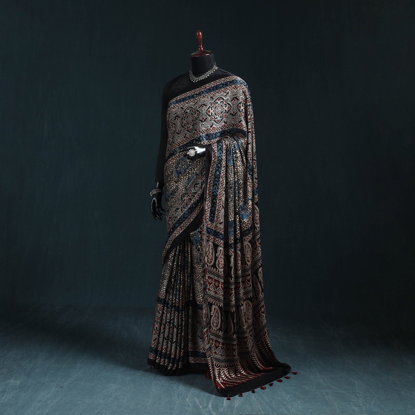 Natural dyed modal silk kutch hand block print ajrakh saree