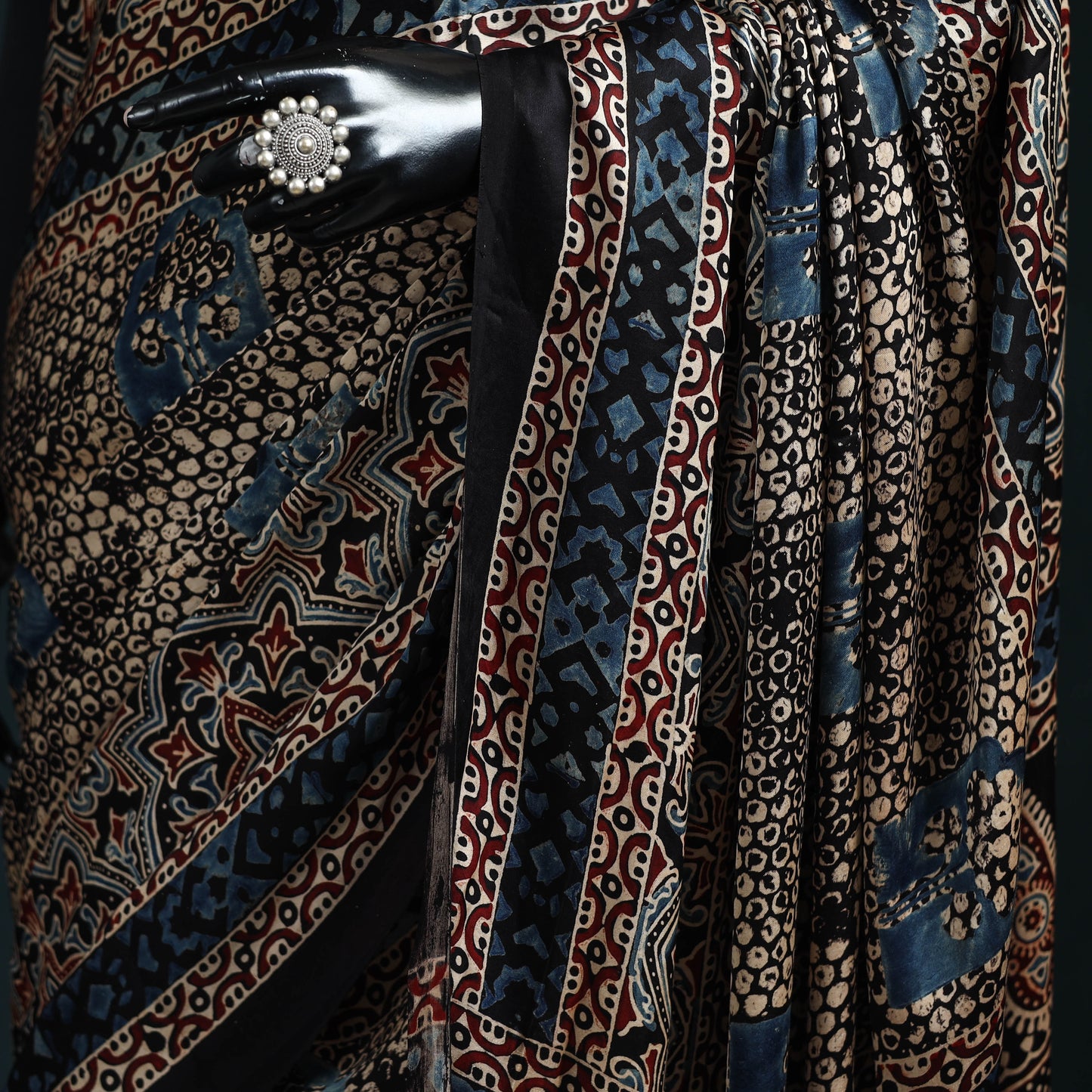 Natural dyed modal silk kutch hand block print ajrakh saree
