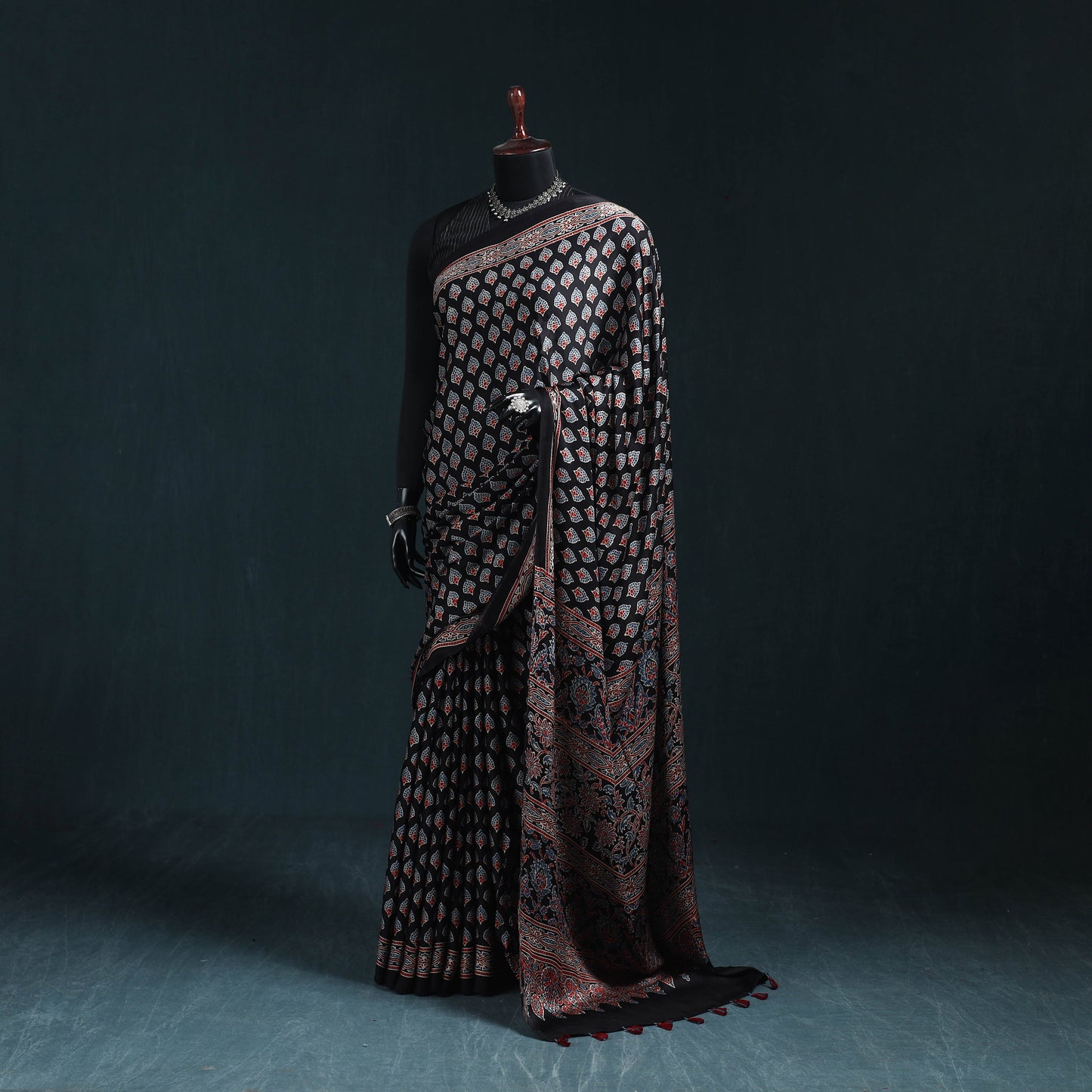 Natural dyed modal silk kutch hand block print ajrakh saree