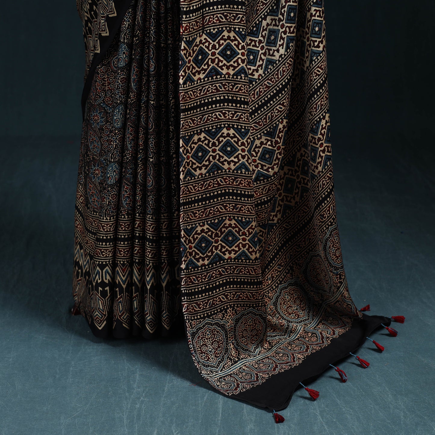 Natural dyed modal silk kutch hand block print ajrakh saree