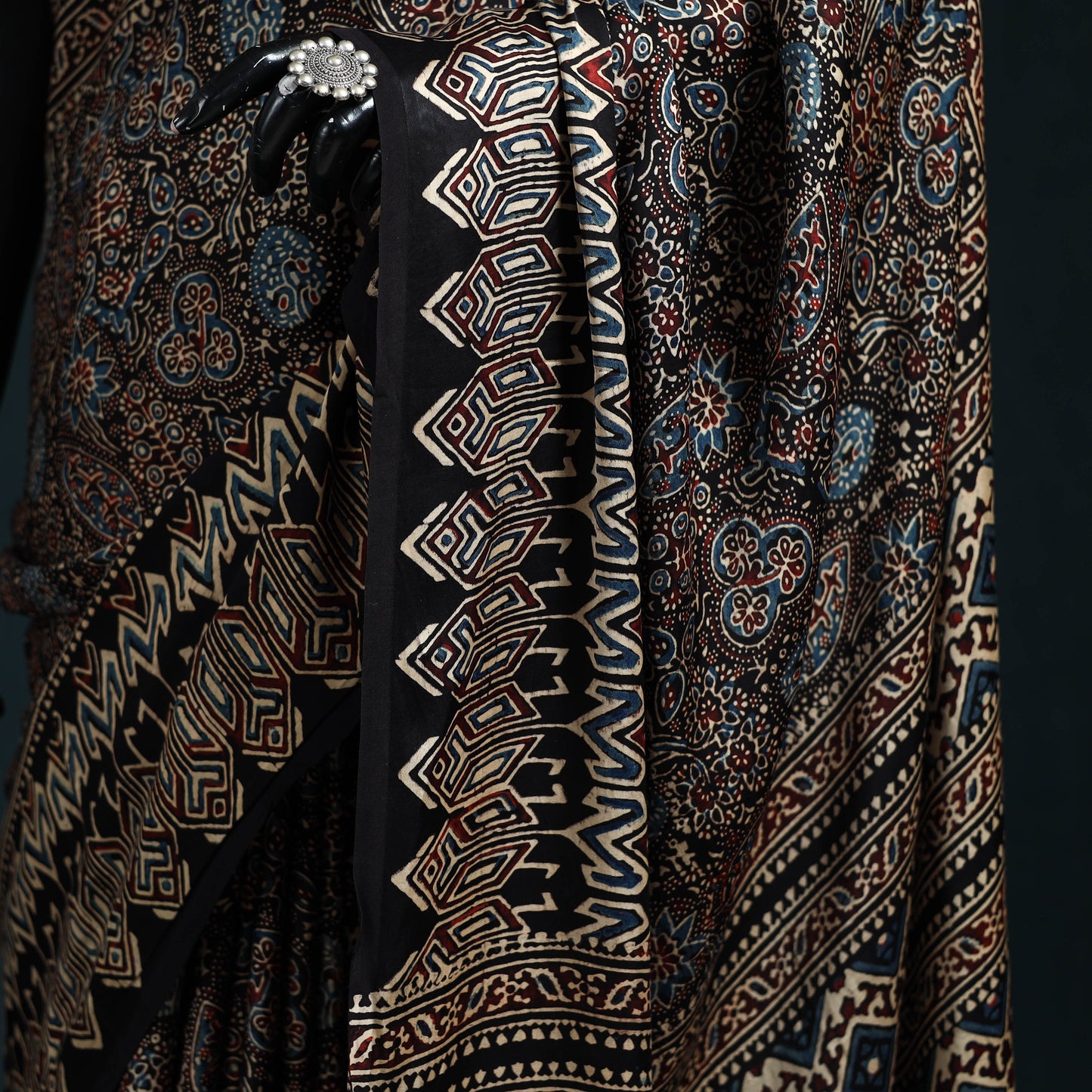 Natural dyed modal silk kutch hand block print ajrakh saree
