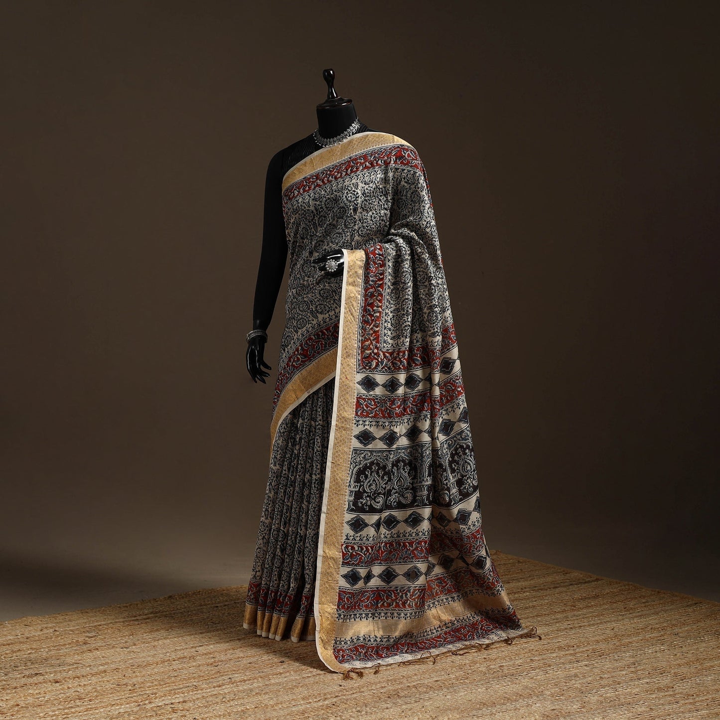 Black - natural dyed pedana chanderi silk kalamkari saree