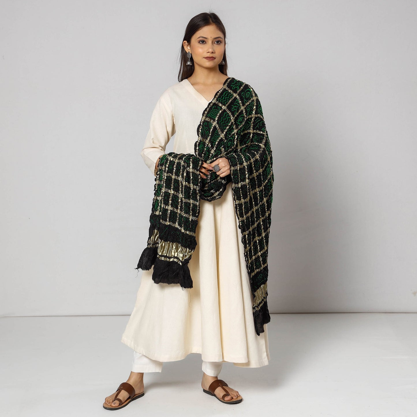 Kutch Bandhani Tie-Dye Zari Checks Modal Silk Dupatta