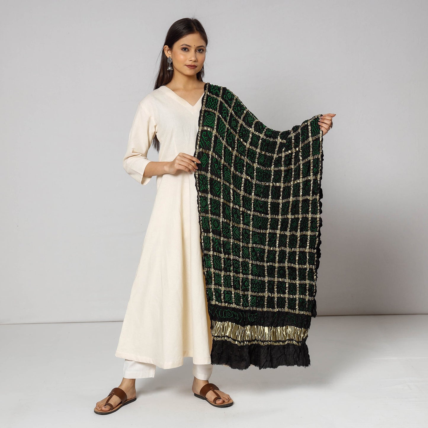 Kutch Bandhani Tie-Dye Zari Checks Modal Silk Dupatta