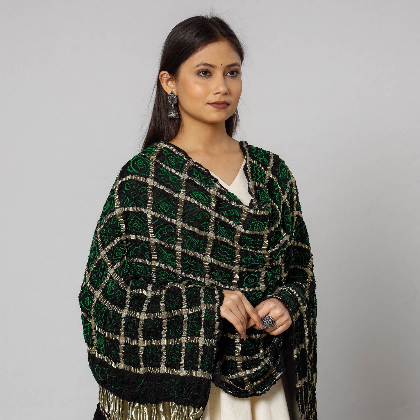Kutch Bandhani Tie-Dye Zari Checks Modal Silk Dupatta