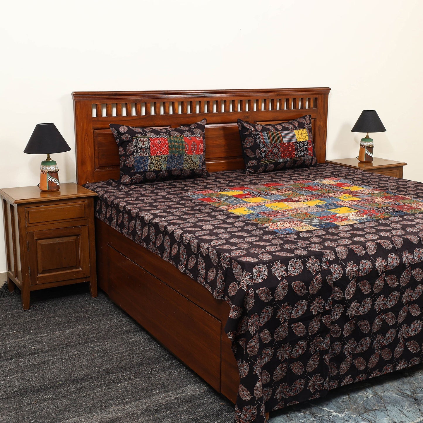 Buy Black Patchwork Cotton Double Ajrakh Bed Sheet Set