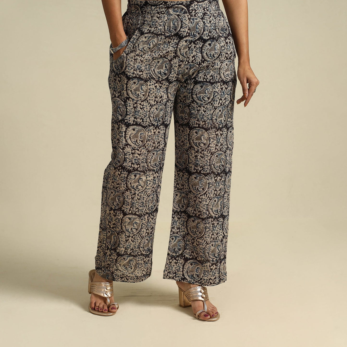 Black Pedana Block Print Mul Cotton Kalamkari Palazzo