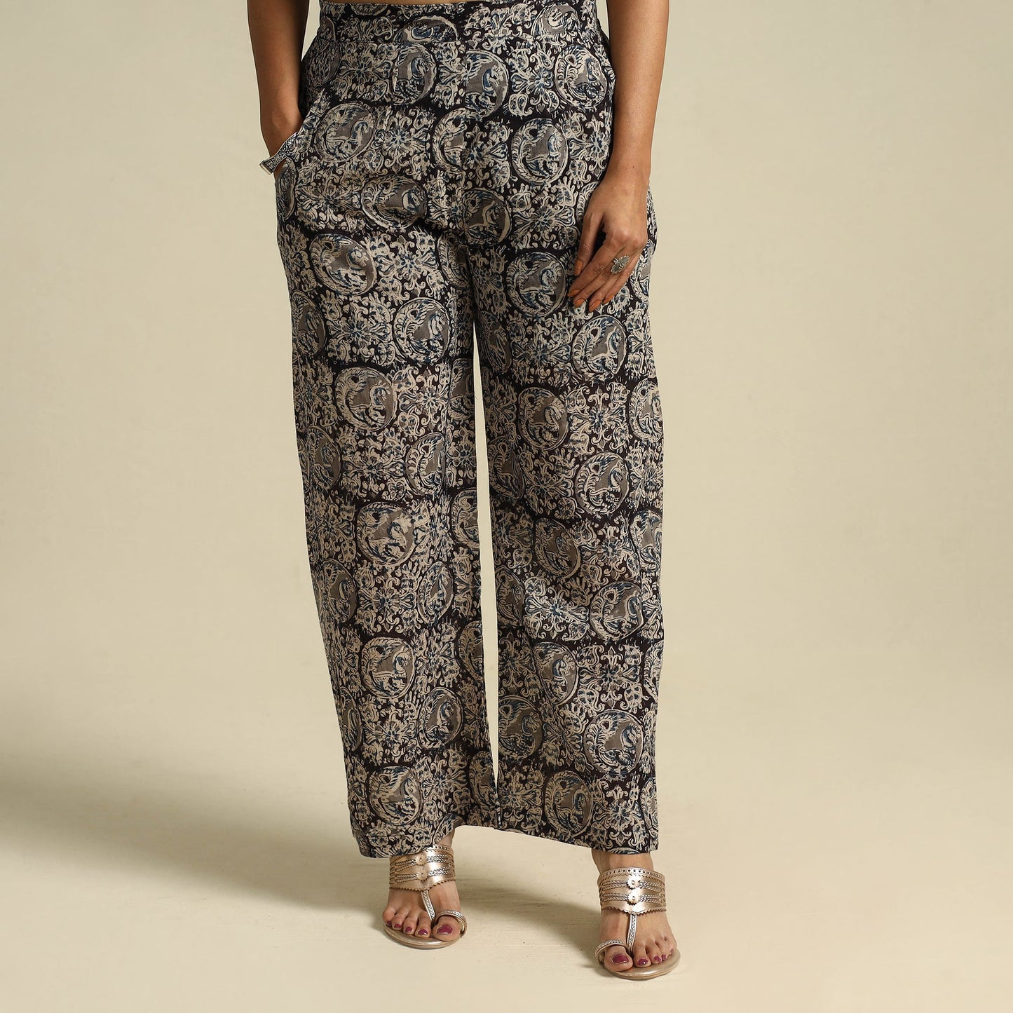 Black Pedana Block Print Mul Cotton Kalamkari Palazzo