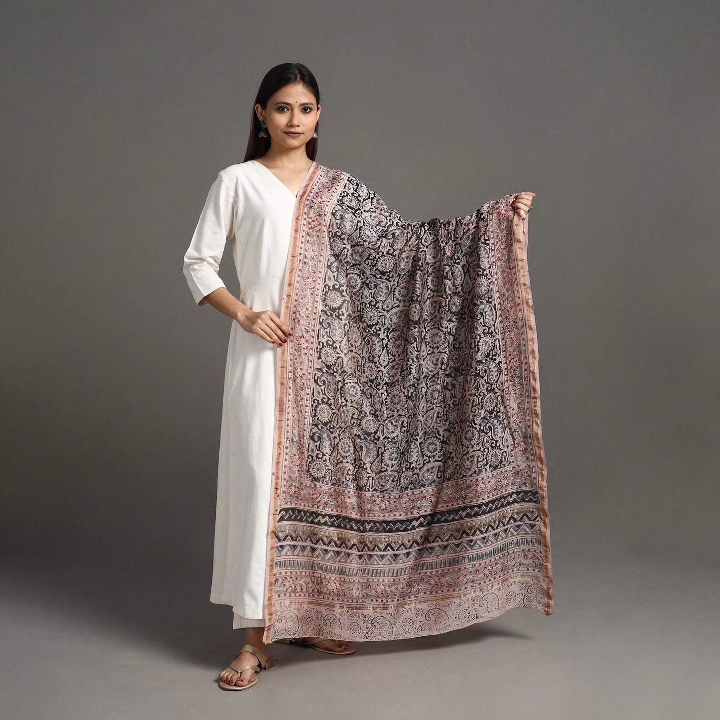 Pedana Block Print Chanderi Silk Black Kalamkari Dupatta