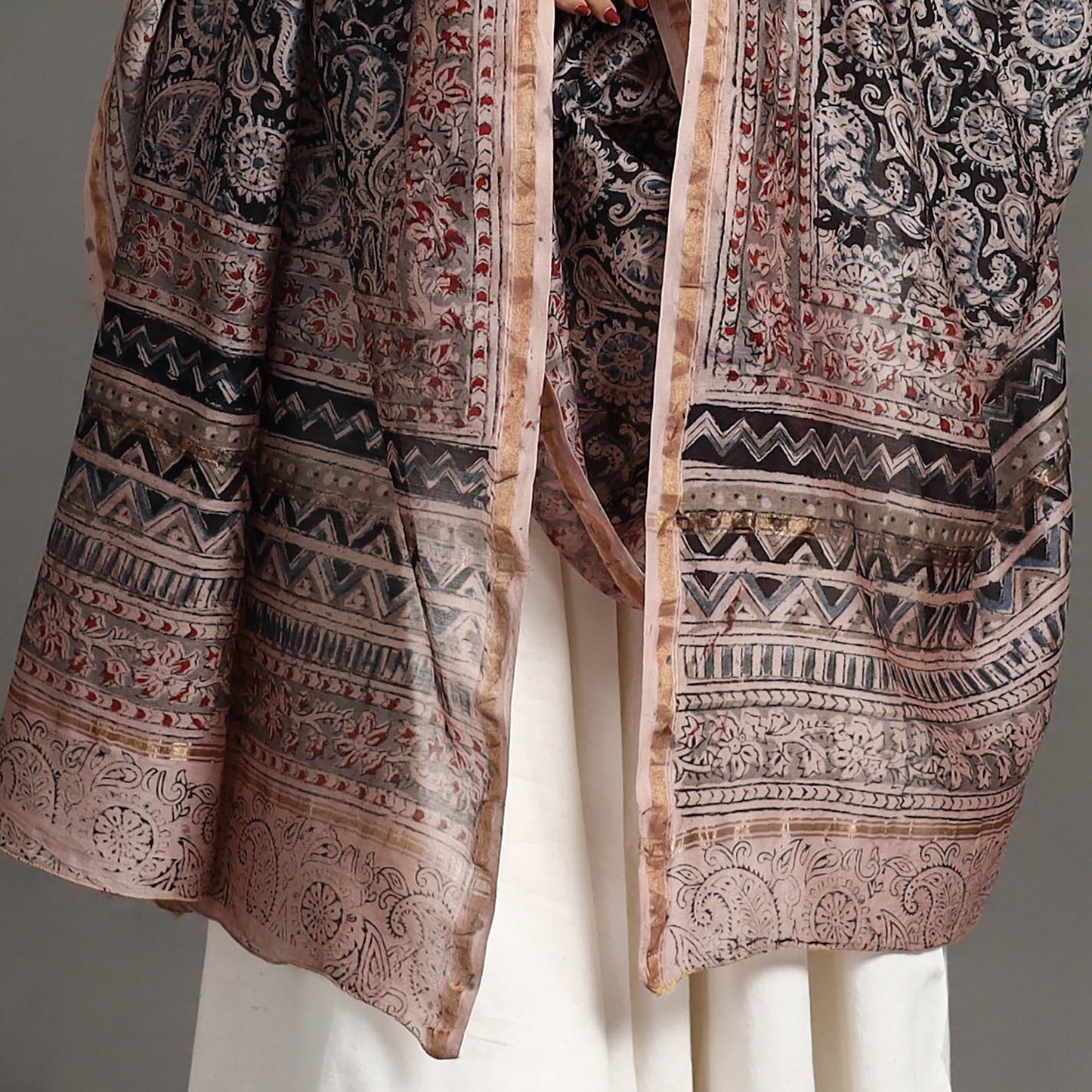 Pedana Block Print Chanderi Silk Black Kalamkari Dupatta