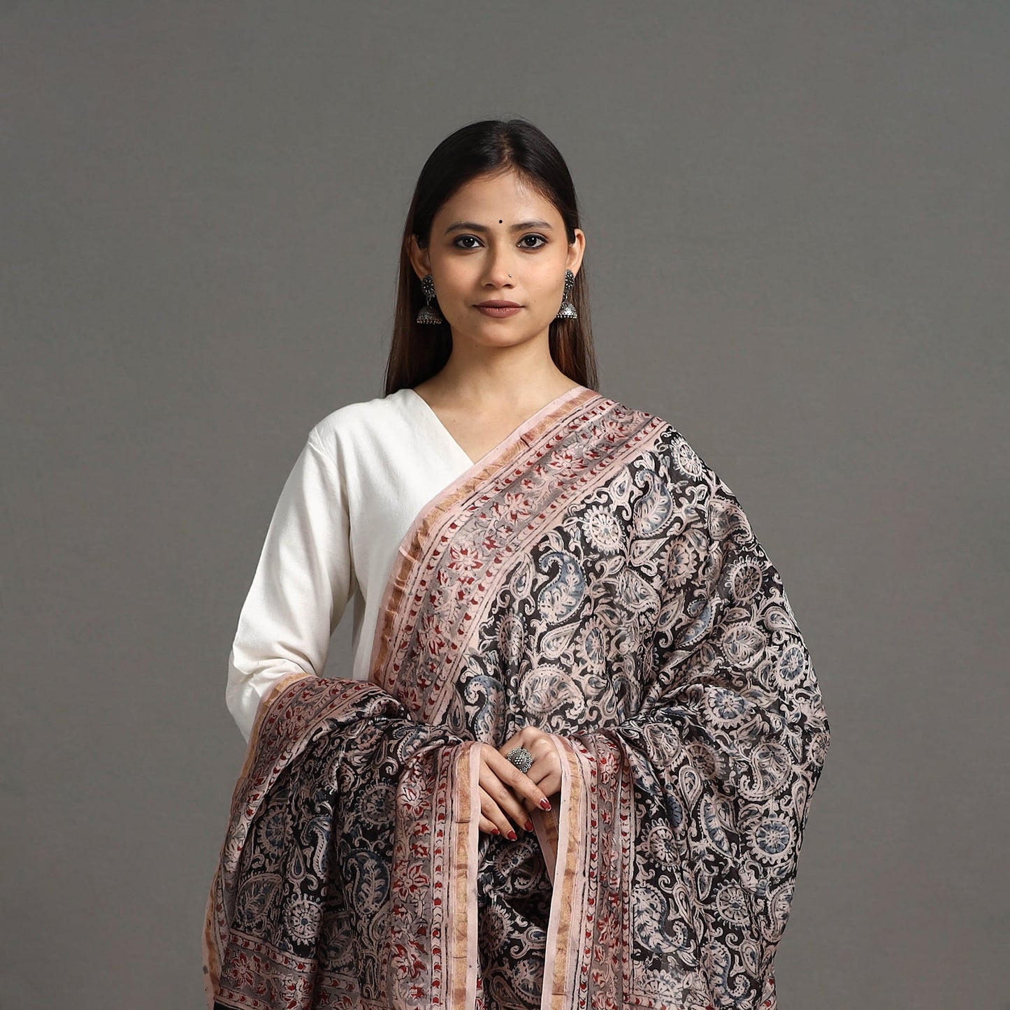 Pedana Block Print Chanderi Silk Black Kalamkari Dupatta
