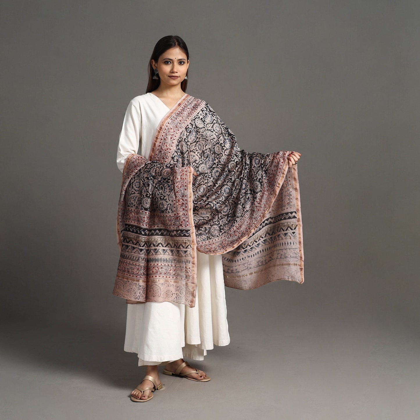 Pedana Block Print Chanderi Silk Black Kalamkari Dupatta