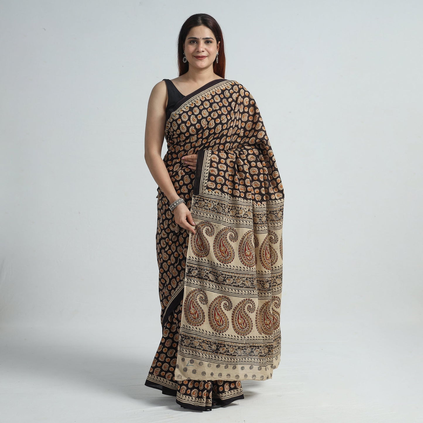 Black Pedana Block Print Cotton Kalamkari Saree