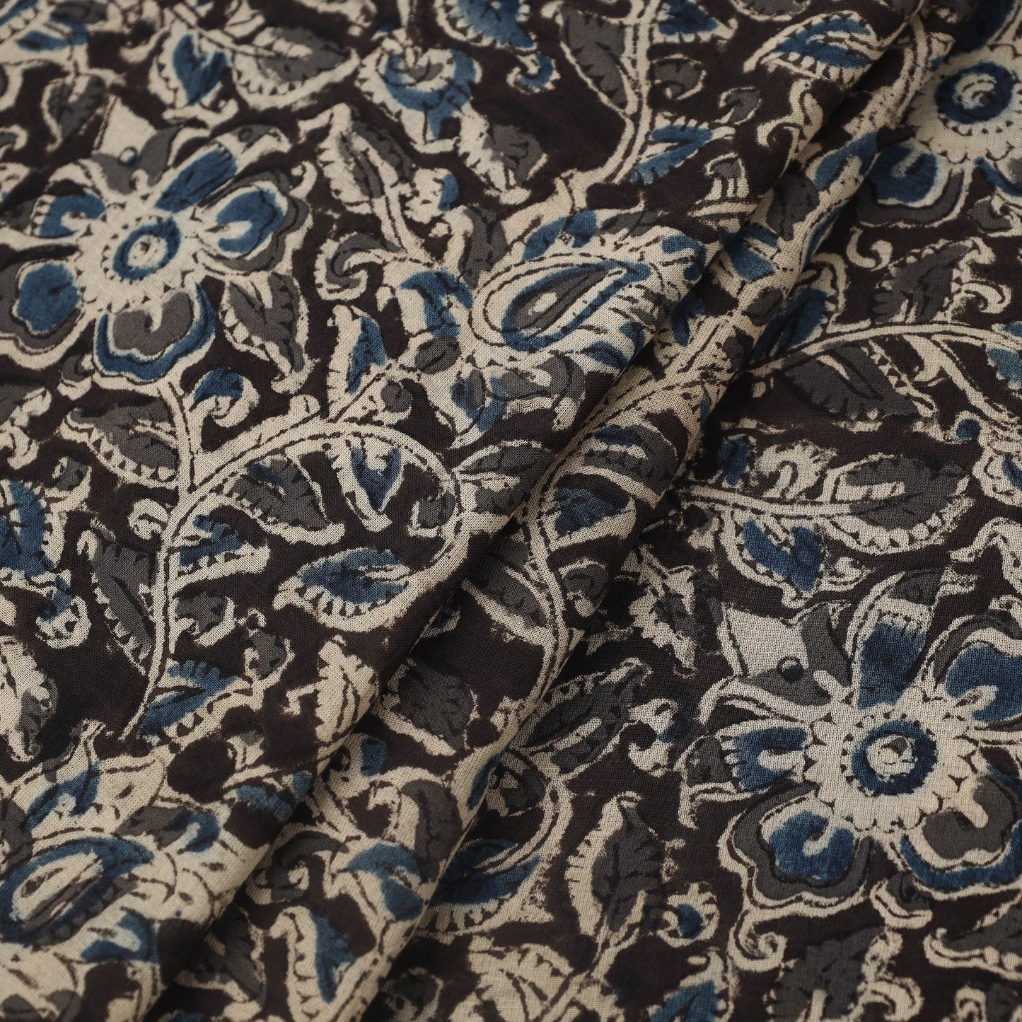 Pedana Hand Block Print Mul Cotton Black Kalamkari Fabric