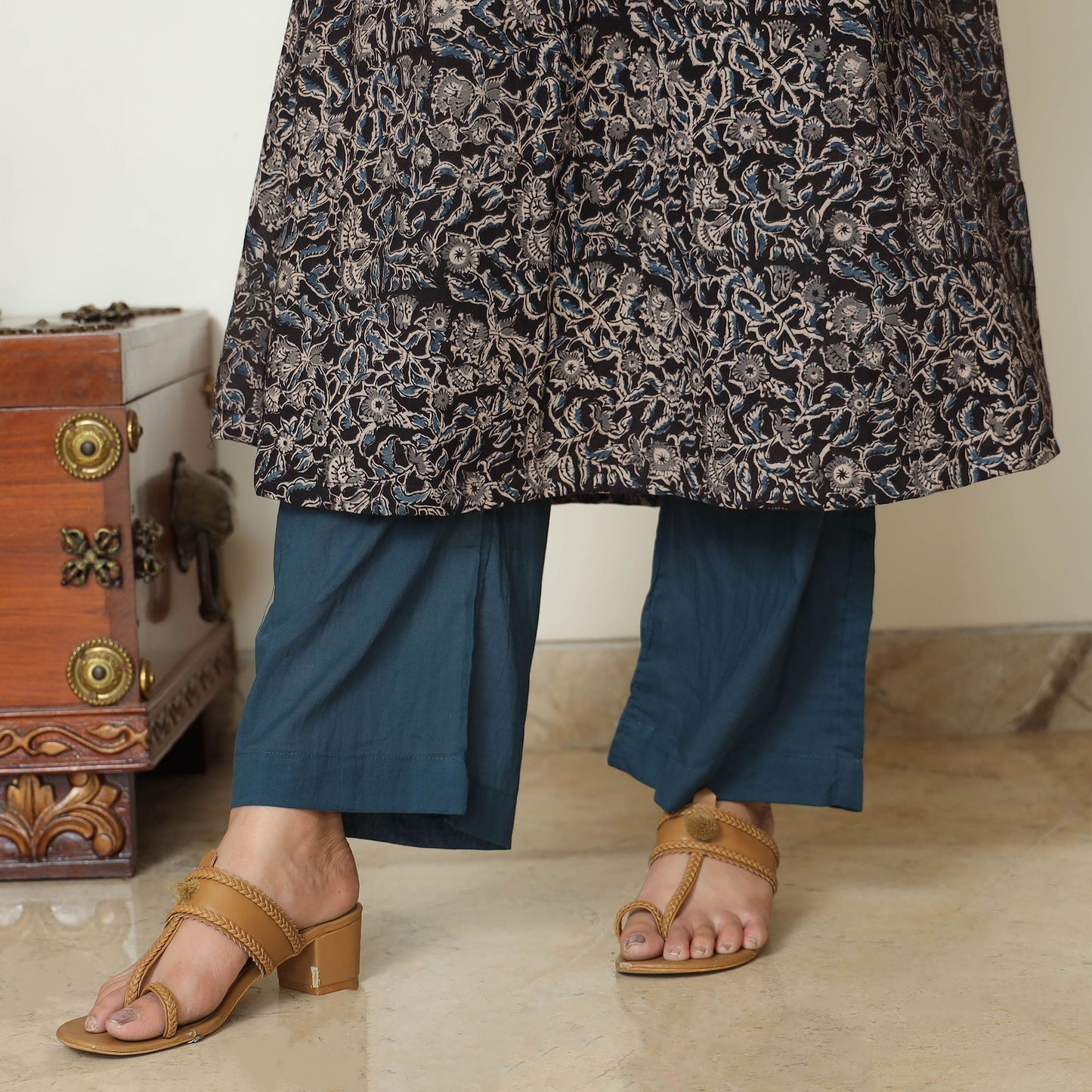 Pedana Kalamkari Block Printed Cotton Kurta with Palazzo & Dupatta Set 11 Online at iTokri.com