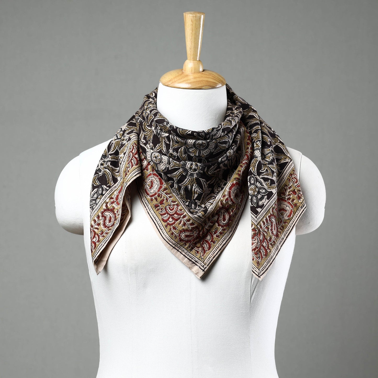 Black Pedana Kalamkari Block Printed Natural Dyed Cotton Scarf