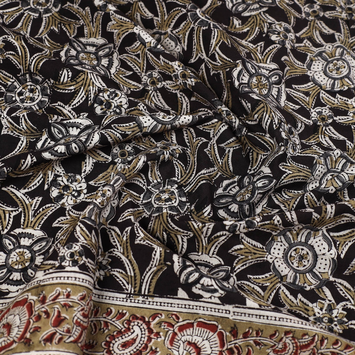 Black Pedana Kalamkari Block Printed Natural Dyed Cotton Scarf
