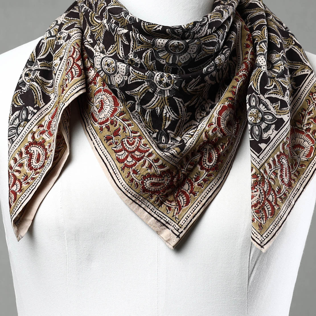 Black Pedana Kalamkari Block Printed Natural Dyed Cotton Scarf